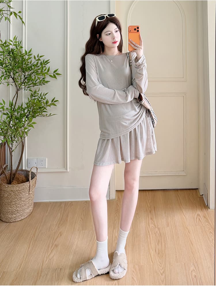 실사 지금 이른 가을 패션 미니멀리즘 국방 사이 셔츠 한국 스타일 느긋한 바람 반신 스커트 투피스 세트 상세 이미지 19