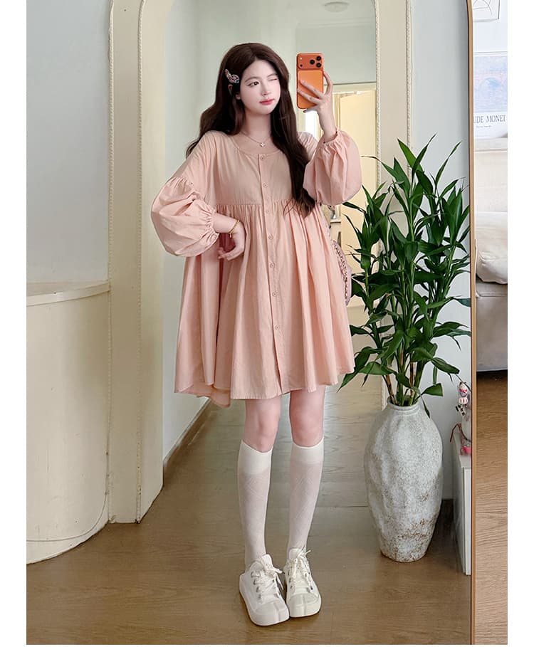 실사 지금 2026 가을 신제품 미니멀리즘 편안함 루즈핏 빅 사이즈 거품 소매 드레스 상세 이미지 7