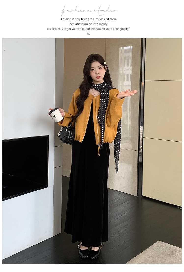 실사 지금 2026 봄 가을 신제품 고급 센스 빛 요리 한 바람 루즈핏 슬림해 보이는 라운드 넥 맨위 슬립 치마 세트 상세 이미지 20