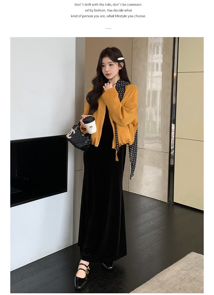 실사 지금 2026 봄 가을 신제품 고급 센스 빛 요리 한 바람 루즈핏 슬림해 보이는 라운드 넥 맨위 슬립 치마 세트 상세 이미지 21