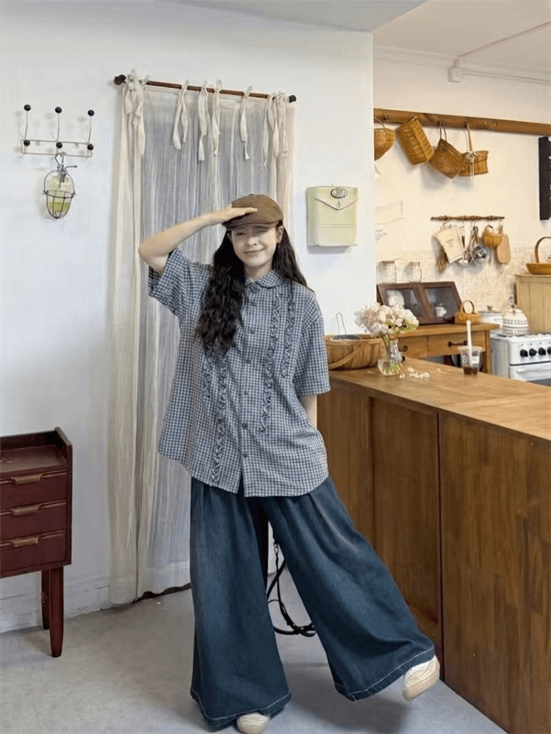 실사 체크무늬 프릴 반팔 셔츠 청바지 이미지 4