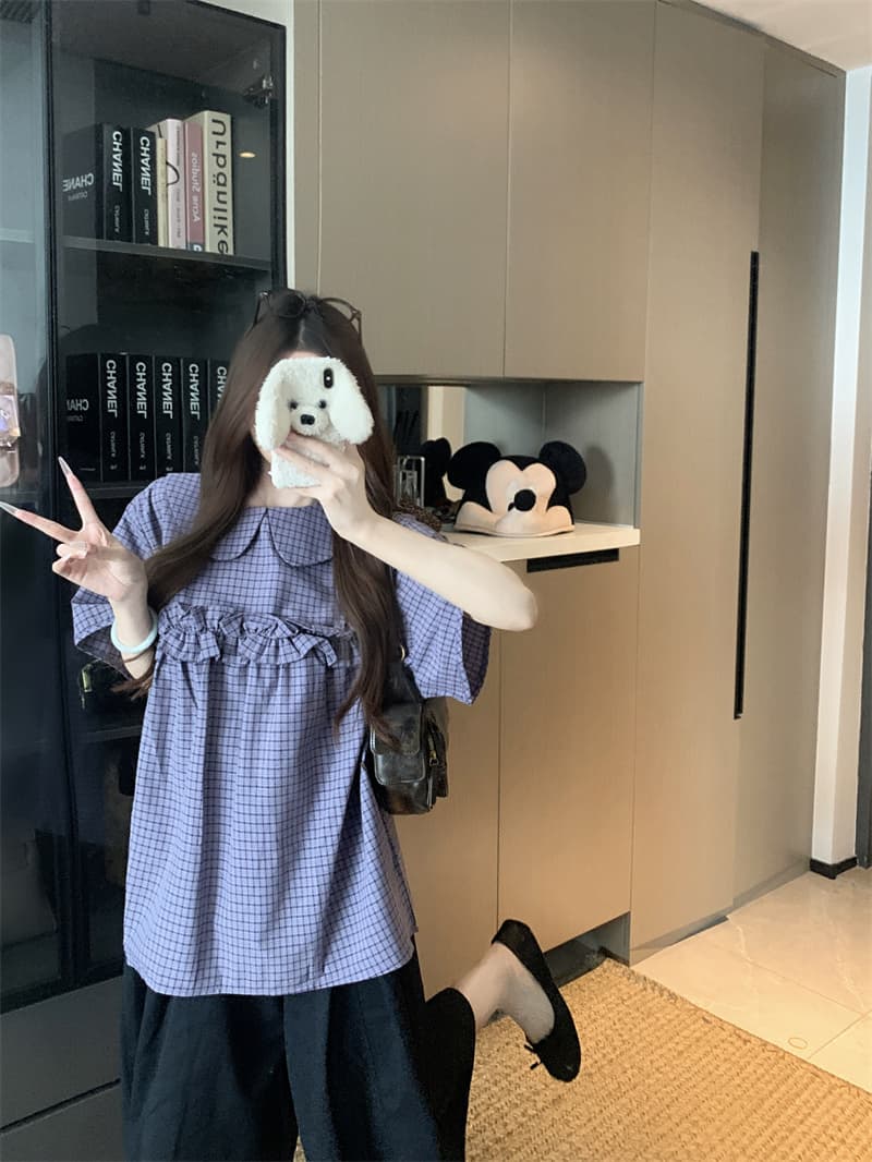 실사 체크무늬 셔츠 7부 바지