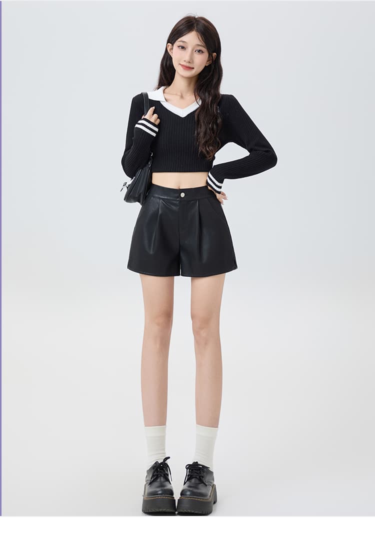 실사 하이웨이스트 한 마디 가죽 바지 여성 2026 가을 겨울 슬림해 보이는 다용도 허리밴드 한 마디 넓은 다리 캐주얼 반바지 상세 이미지 21