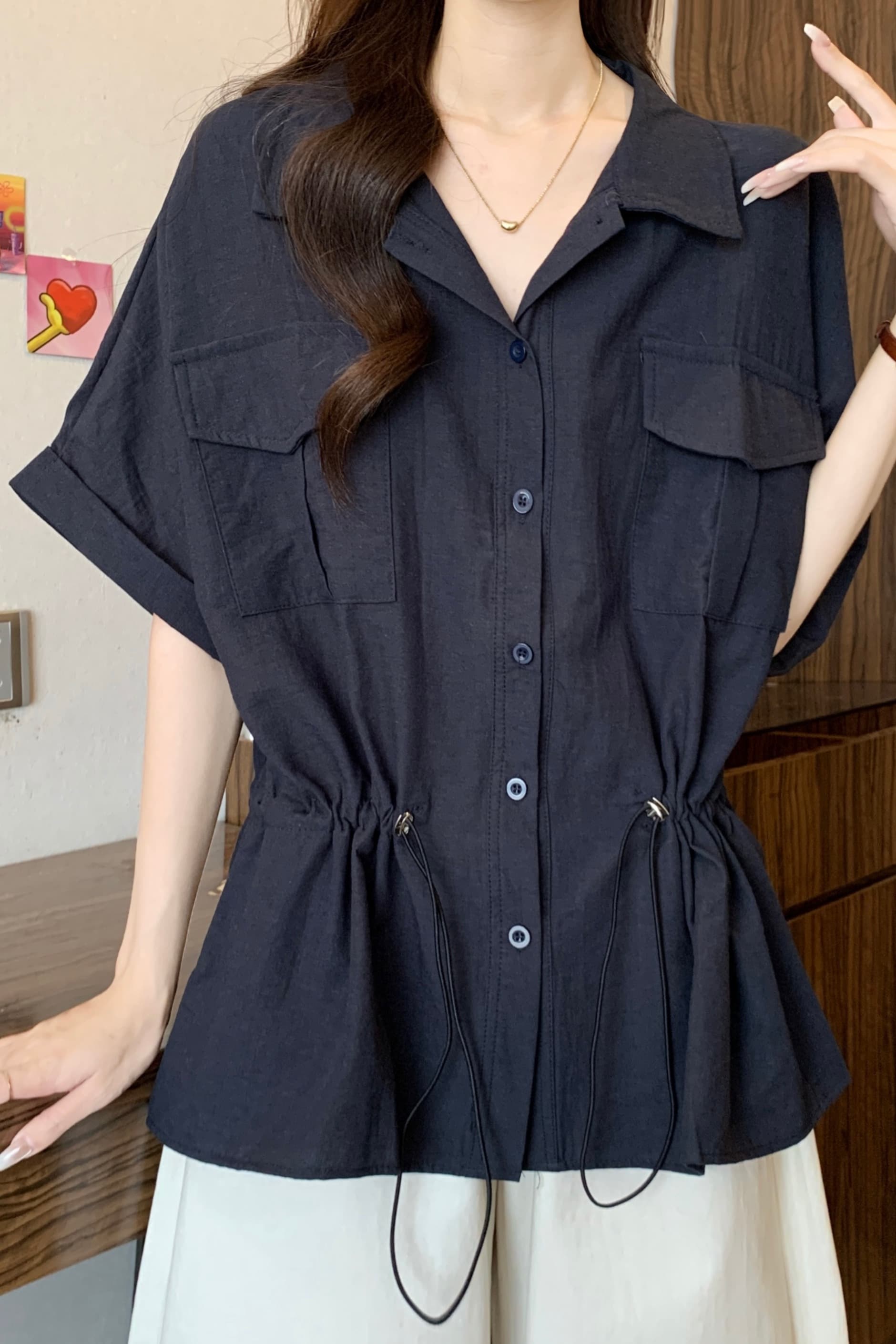 빅 사이즈 여성 의류 표지 배 plol 칼라 워크웨어 작은 대중 여성 셔츠 여름 통통한 여동생 슬림해 보이는 펌프 로프 캐주얼 맨위 이미지 6