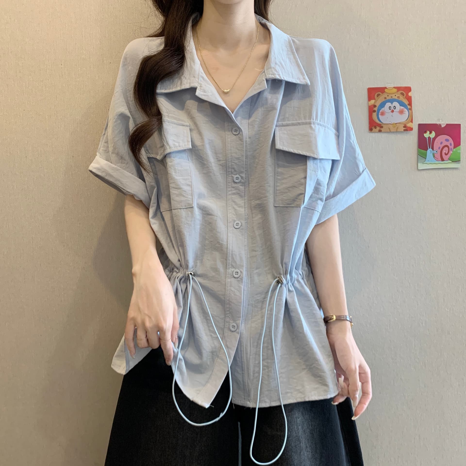 빅 사이즈 여성 의류 표지 배 plol 칼라 워크웨어 작은 대중 여성 셔츠 여름 통통한 여동생 슬림해 보이는 펌프 로프 캐주얼 맨위 상세 이미지 5