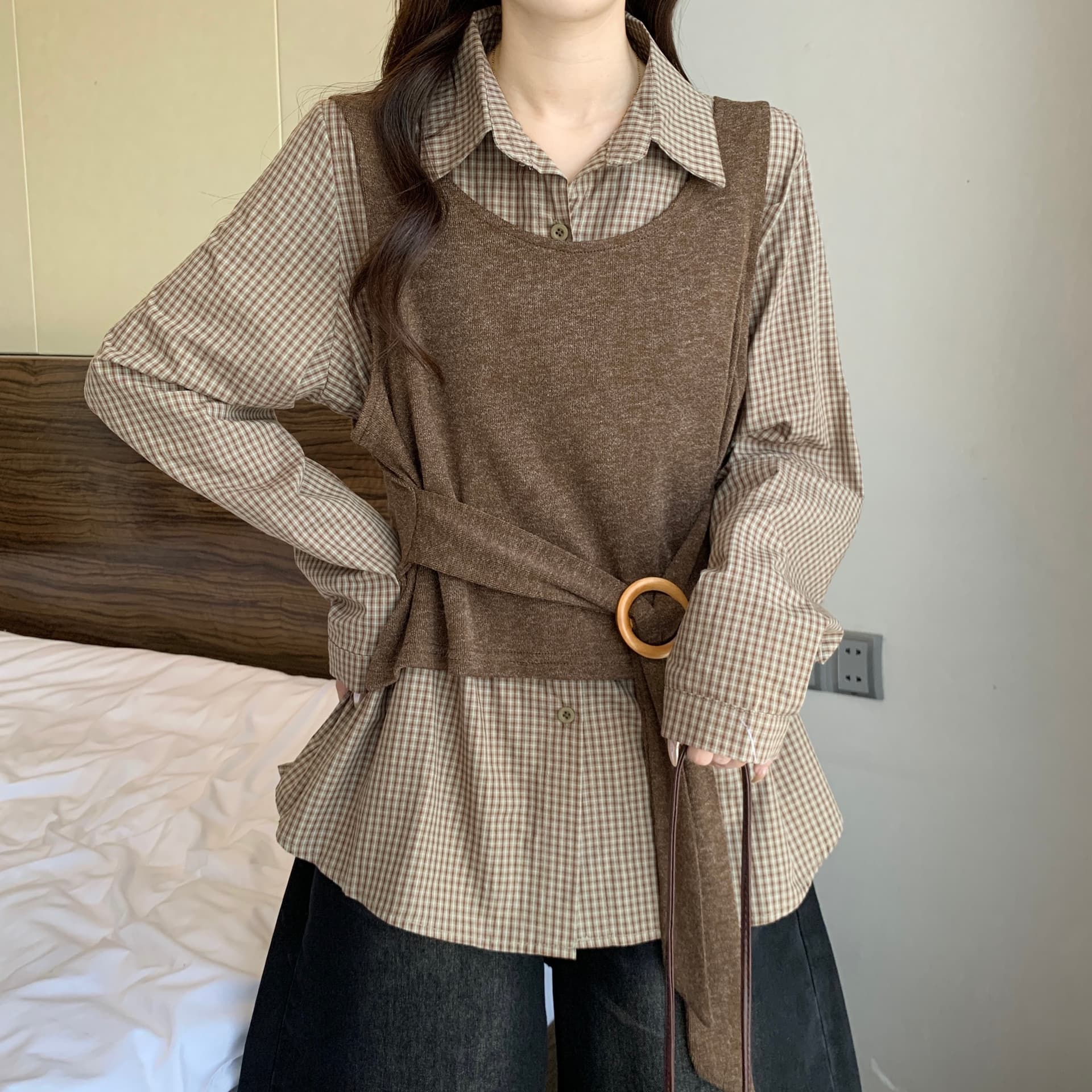 빅 사이즈 여성 의류 지방 mm 가을 새로운 2025 고급 센스 패션 긴팔 셔츠 민소매 외부 가져 가라. 투피스 조끼 상세 이미지 10
