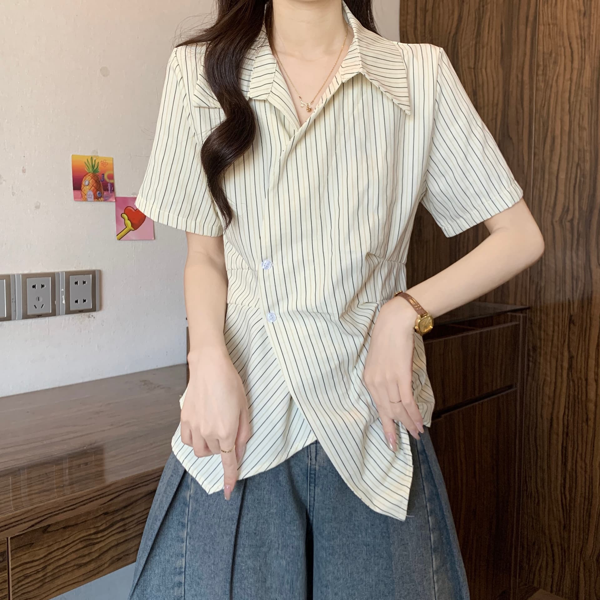 빅 사이즈 여성 의류 한국 스타일 불규칙 품격 V넥 스트라이프 허리 수축 반팔 셔츠 여름 지방 mm 슬림해 보이는 다용도 맨위 상세 이미지 18
