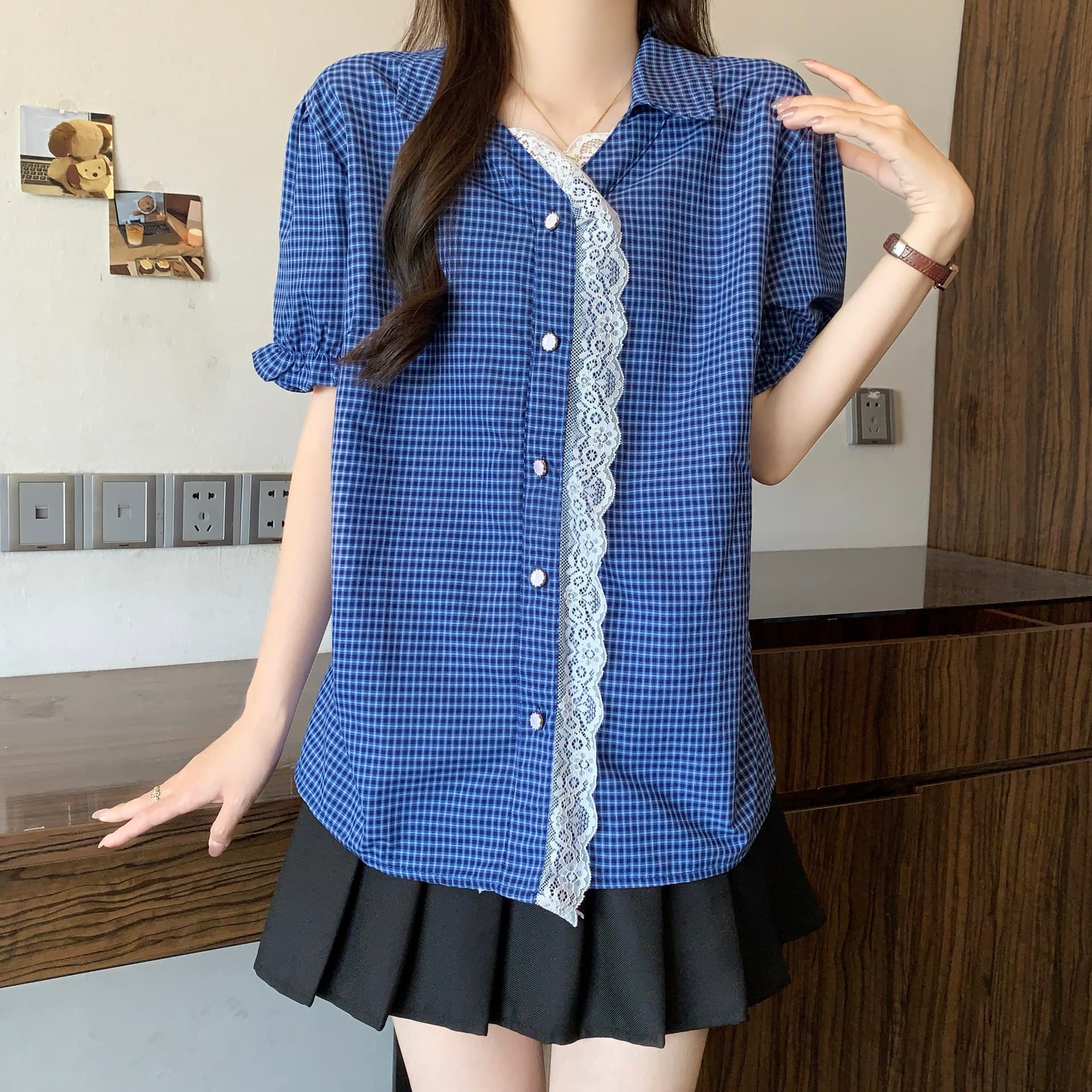 항구 바람 레트로 레이스 측면 POLO 칼라 반팔 여성 셔츠 빅 사이즈 지방 mm 루즈핏 디자인 센스 작은 대중 맨위 이미지 2