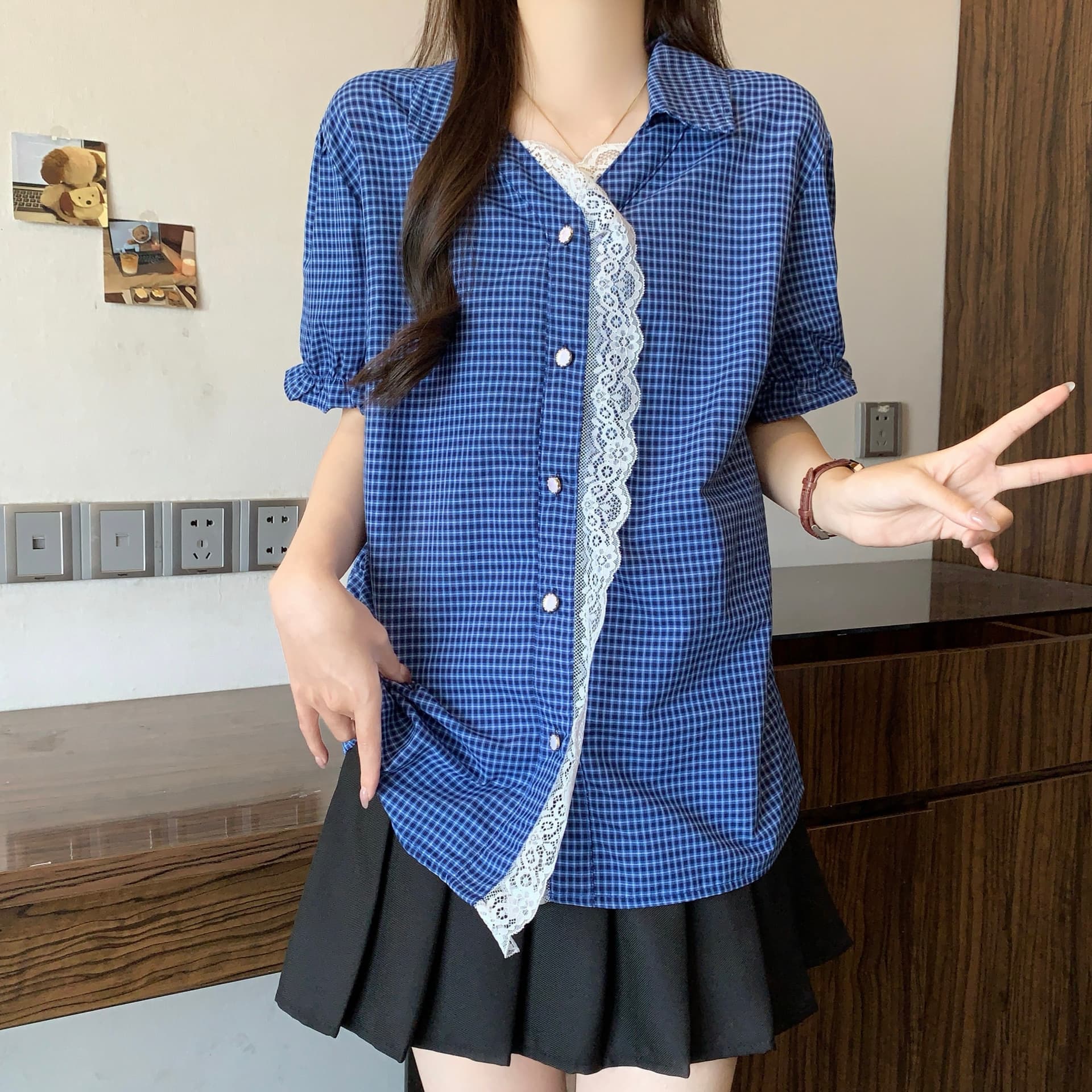 항구 바람 레트로 레이스 측면 POLO 칼라 반팔 여성 셔츠 빅 사이즈 지방 mm 루즈핏 디자인 센스 작은 대중 맨위 이미지 3