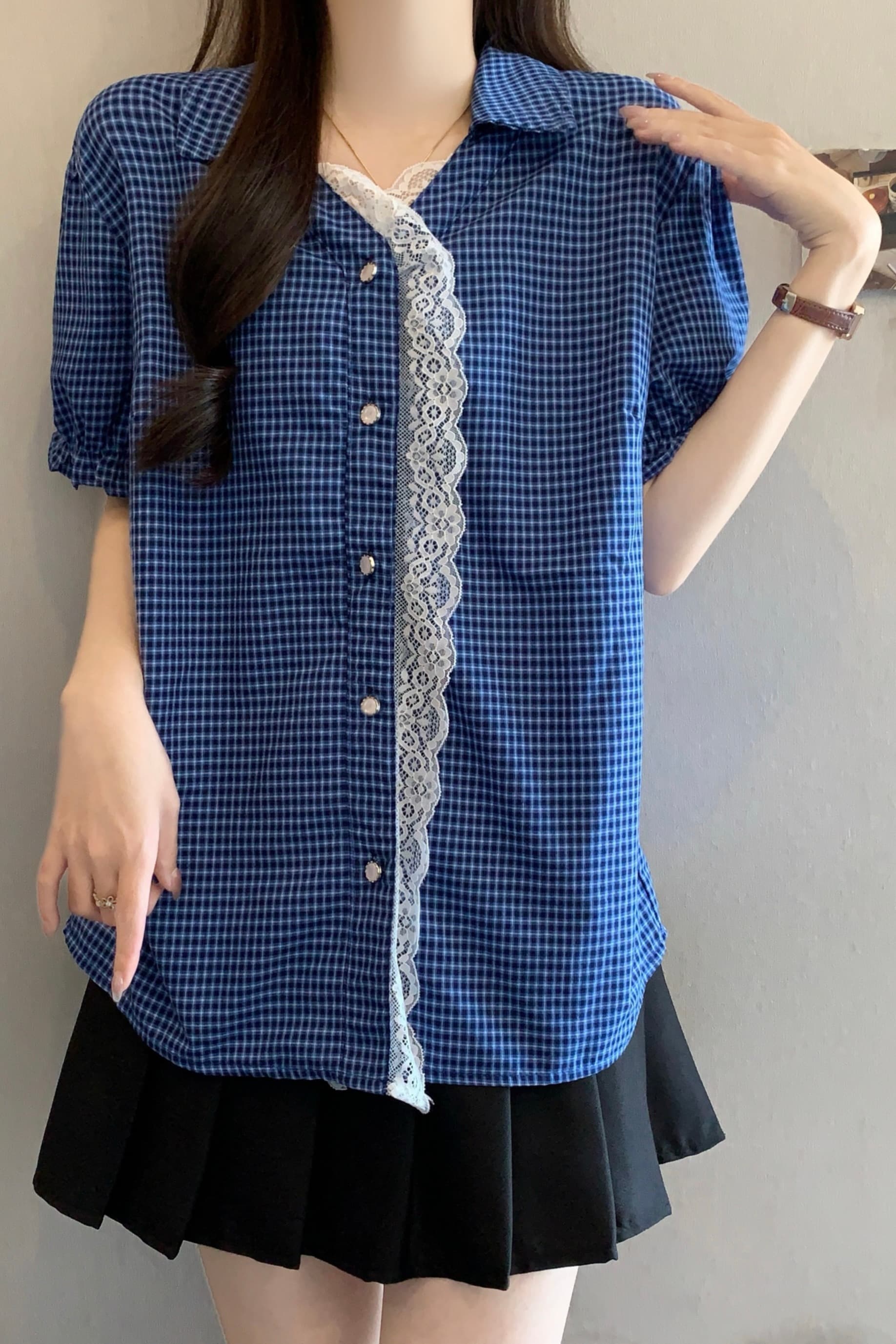 항구 바람 레트로 레이스 측면 POLO 칼라 반팔 여성 셔츠 빅 사이즈 지방 mm 루즈핏 디자인 센스 작은 대중 맨위 이미지 7