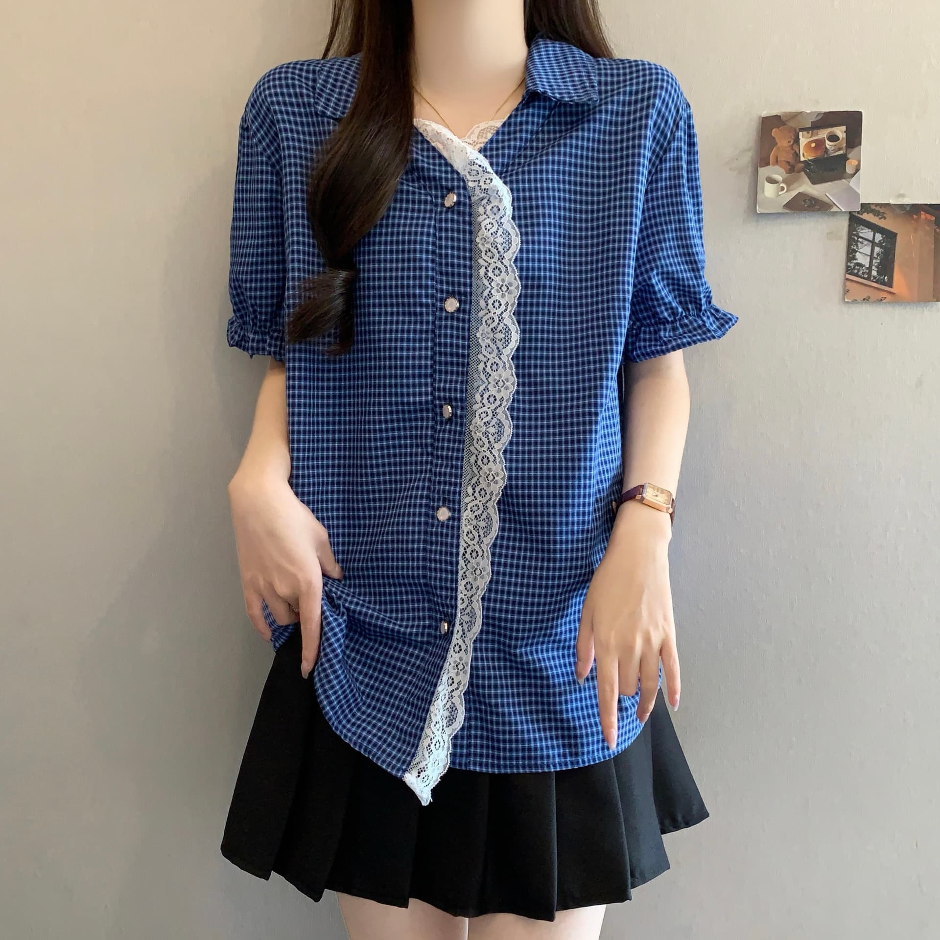 항구 바람 레트로 레이스 측면 POLO 칼라 반팔 여성 셔츠 빅 사이즈 지방 mm 루즈핏 디자인 센스 작은 대중 맨위 상세 이미지 4