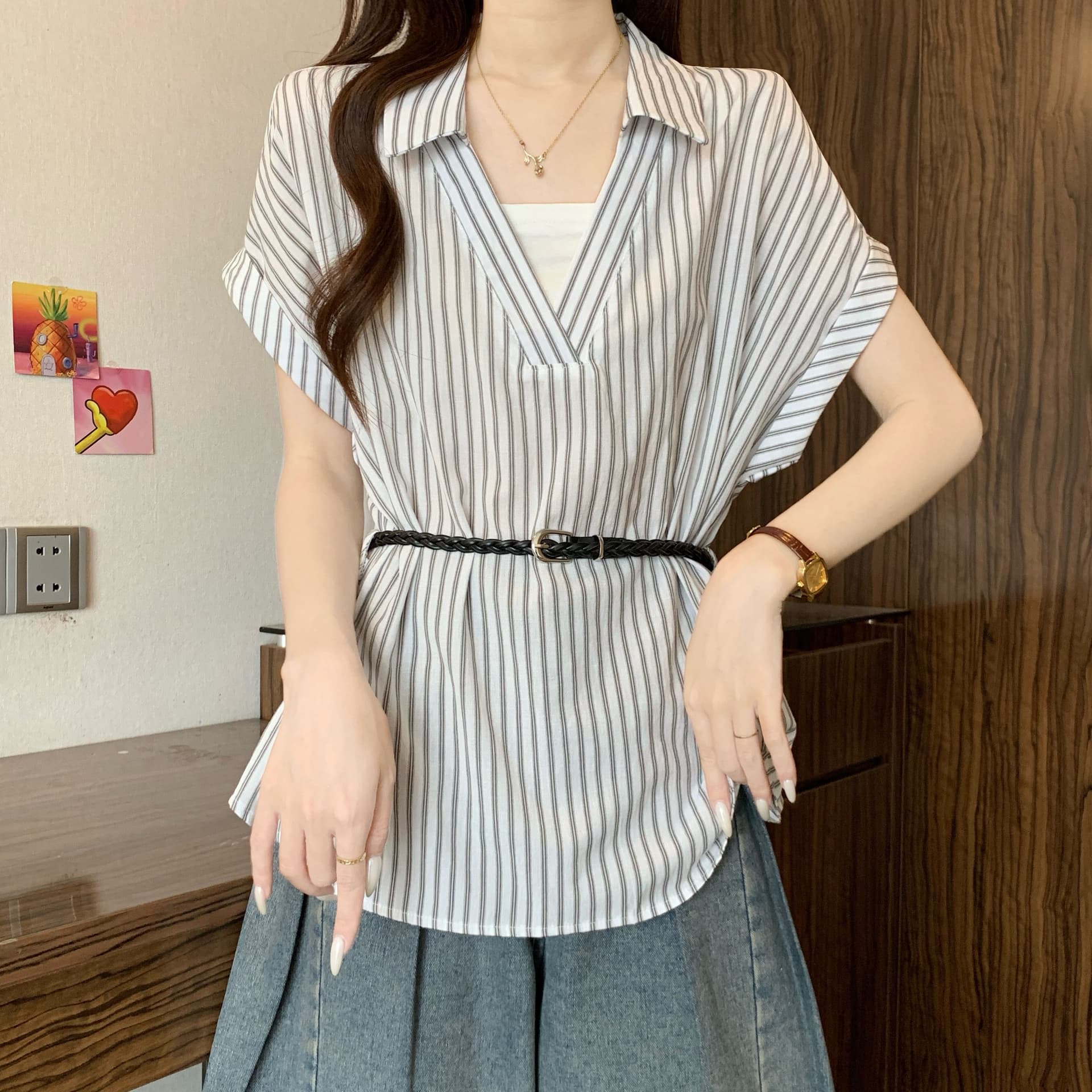 빅 사이즈 디자인 센스 끈 스트라이프 페이크 레이어드 반팔 여성 셔츠 여름 지방 mm 루즈핏 표지 배 허리 수축 맨위 상세 이미지 21