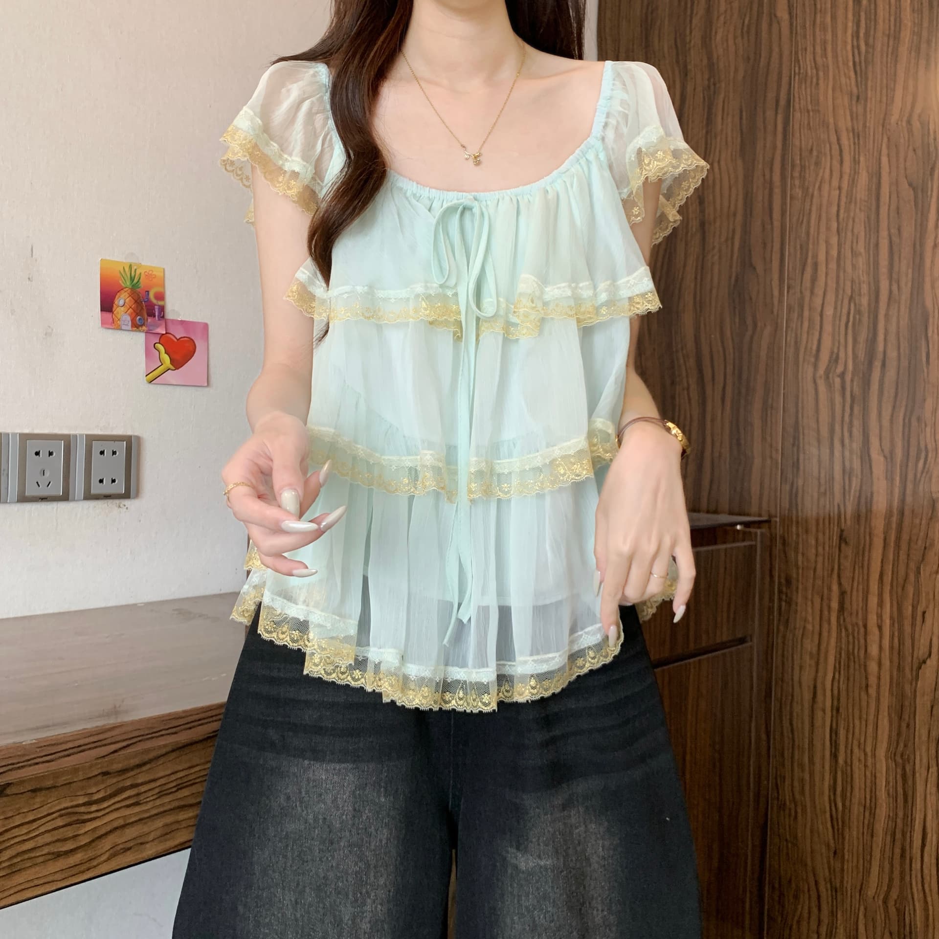 2026 여름 새로운 레이스 조각 프릴 인형 셔츠 여성 블루 빅 사이즈 루즈핏 표지 배 연령 감소 달콤함 맨위 상세 이미지 17