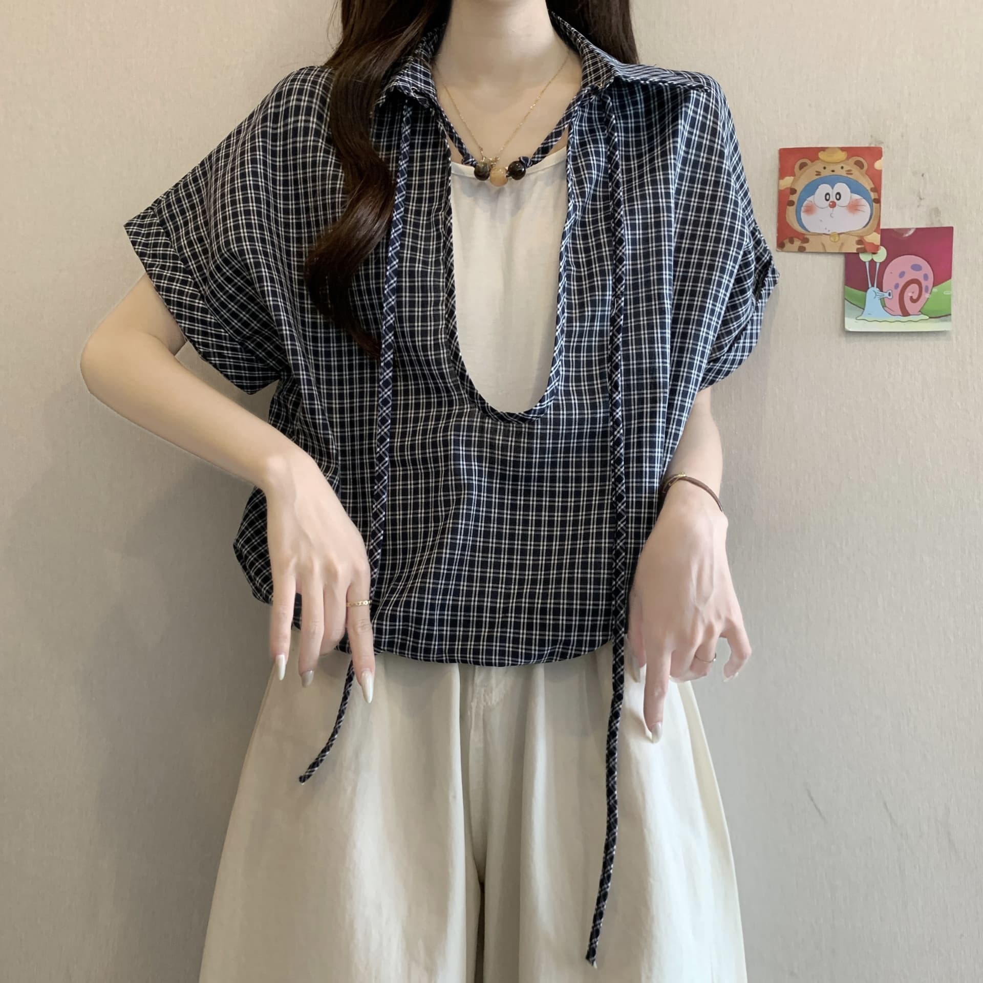 빅 사이즈 여성 의류 페이크 레이어드 POLO 칼라 긍정적 인 어깨 반팔 체크무늬 여성 셔츠 통통한 여동생 루즈핏 다용도 Chic 맨위 상세 이미지 5