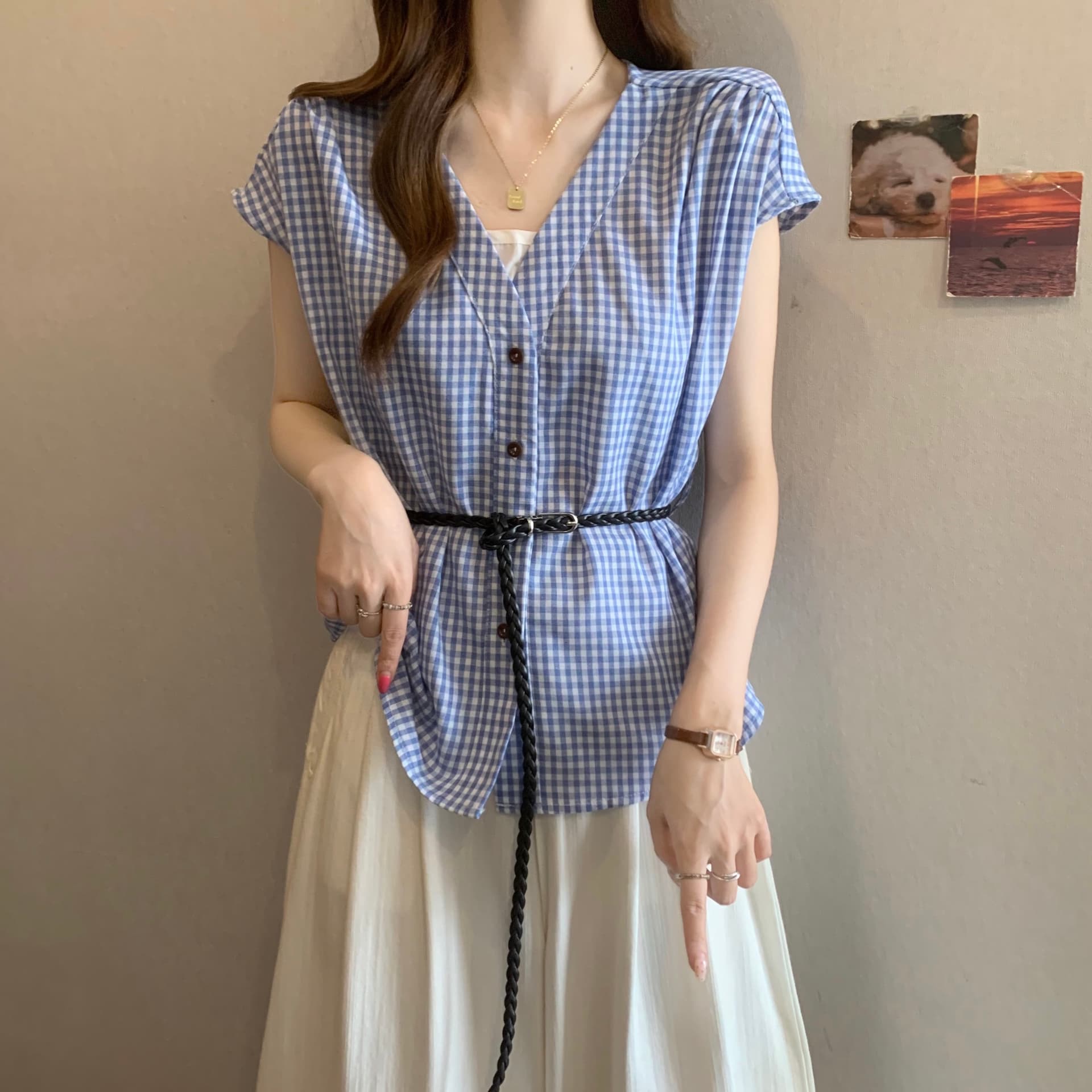 빅 사이즈 표지 배 레트로 페이크 레이어드 V넥 벨트 여성 셔츠 여름 통통한 여동생 허리 수축 슬림해 보이는 Chic 맨위 상세 이미지 13