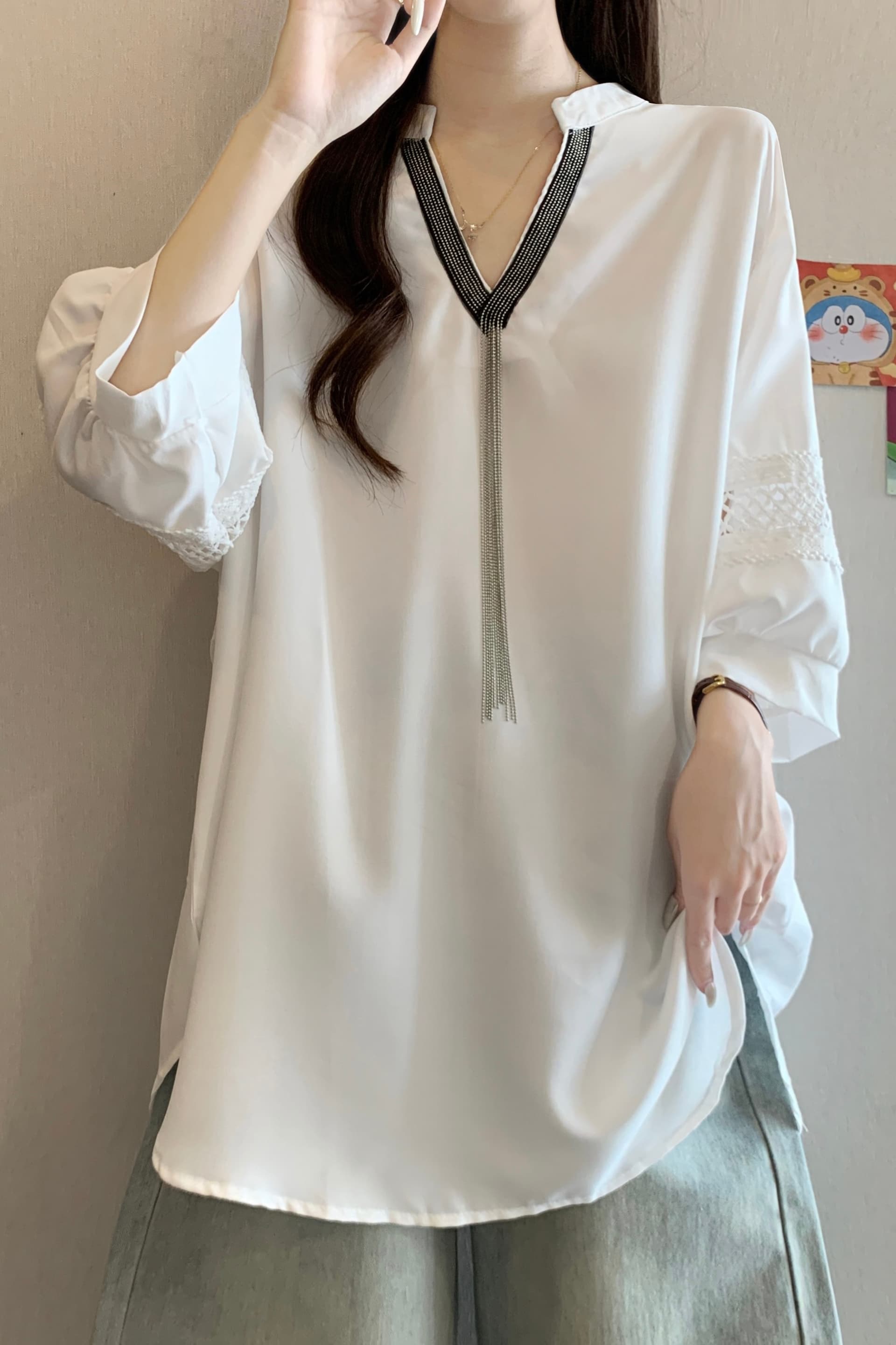 2026 여름 반팔 티셔츠 여성 빅 사이즈 루즈핏 라운드 넥 홀로우 아웃 맨위 지방 mm 긍정적 인 어깨 표지 배 슬림해 보이는 작은 셔츠 이미지 7