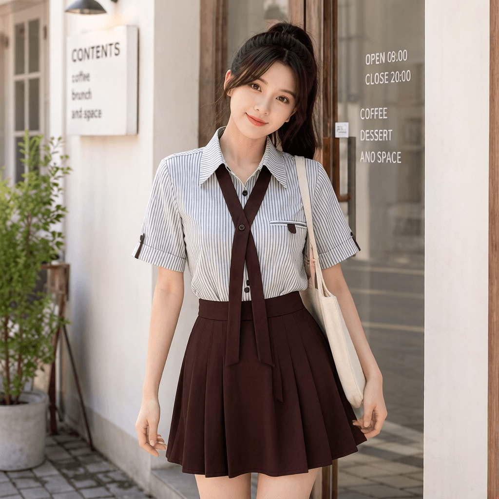 학원 스타일 패션 리본 스트라이프 폴로 칼라 반팔 셔츠 하이웨이스트 슬림해 보이는 짧은 바지 두 조각 여성 세트 여름 연령 감소 상세 이미지 1