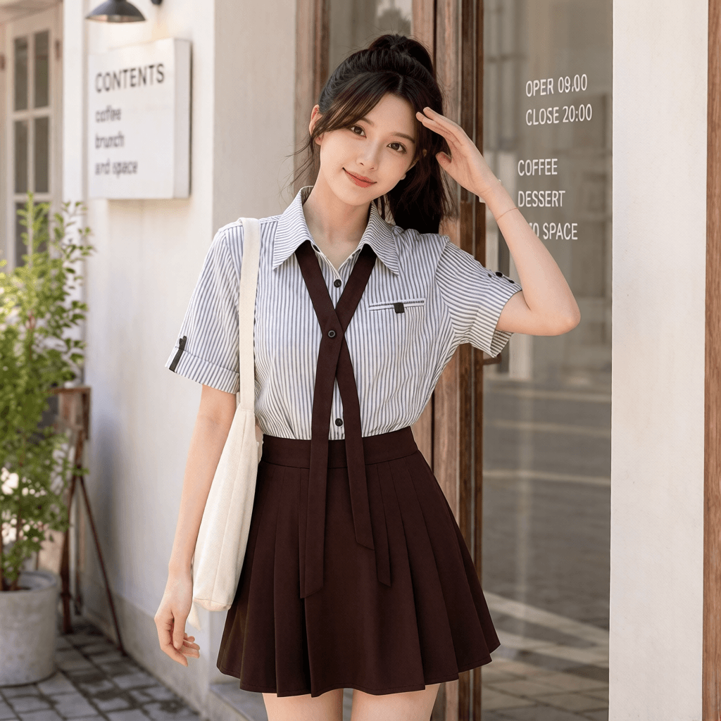 학원 스타일 패션 리본 스트라이프 폴로 칼라 반팔 셔츠 하이웨이스트 슬림해 보이는 짧은 바지 두 조각 여성 세트 여름 연령 감소 상세 이미지 2