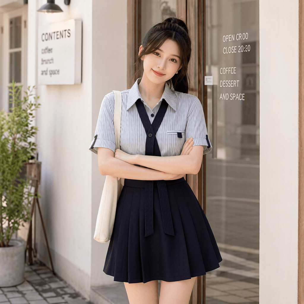 학원 스타일 패션 리본 스트라이프 폴로 칼라 반팔 셔츠 하이웨이스트 슬림해 보이는 짧은 바지 두 조각 여성 세트 여름 연령 감소 이미지 2