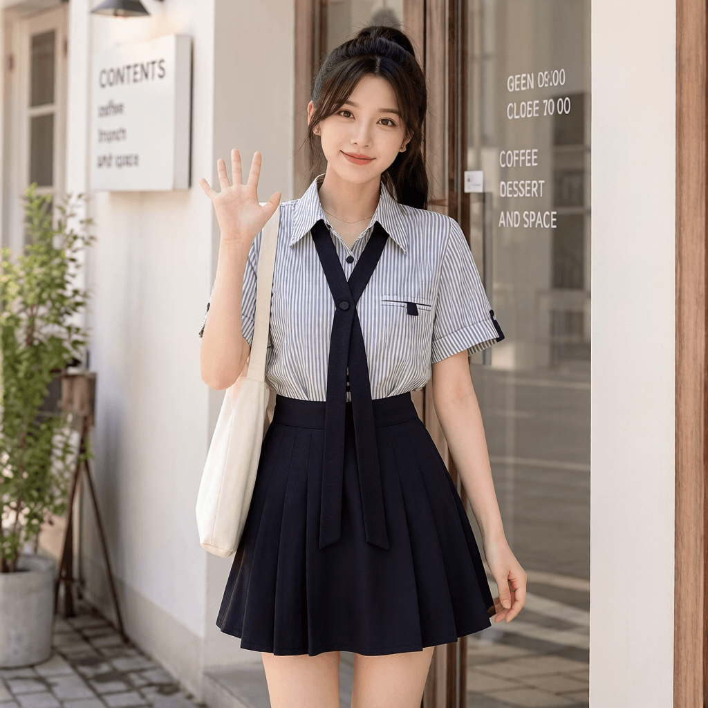 학원 스타일 패션 리본 스트라이프 폴로 칼라 반팔 셔츠 하이웨이스트 슬림해 보이는 짧은 바지 두 조각 여성 세트 여름 연령 감소 상세 이미지 10