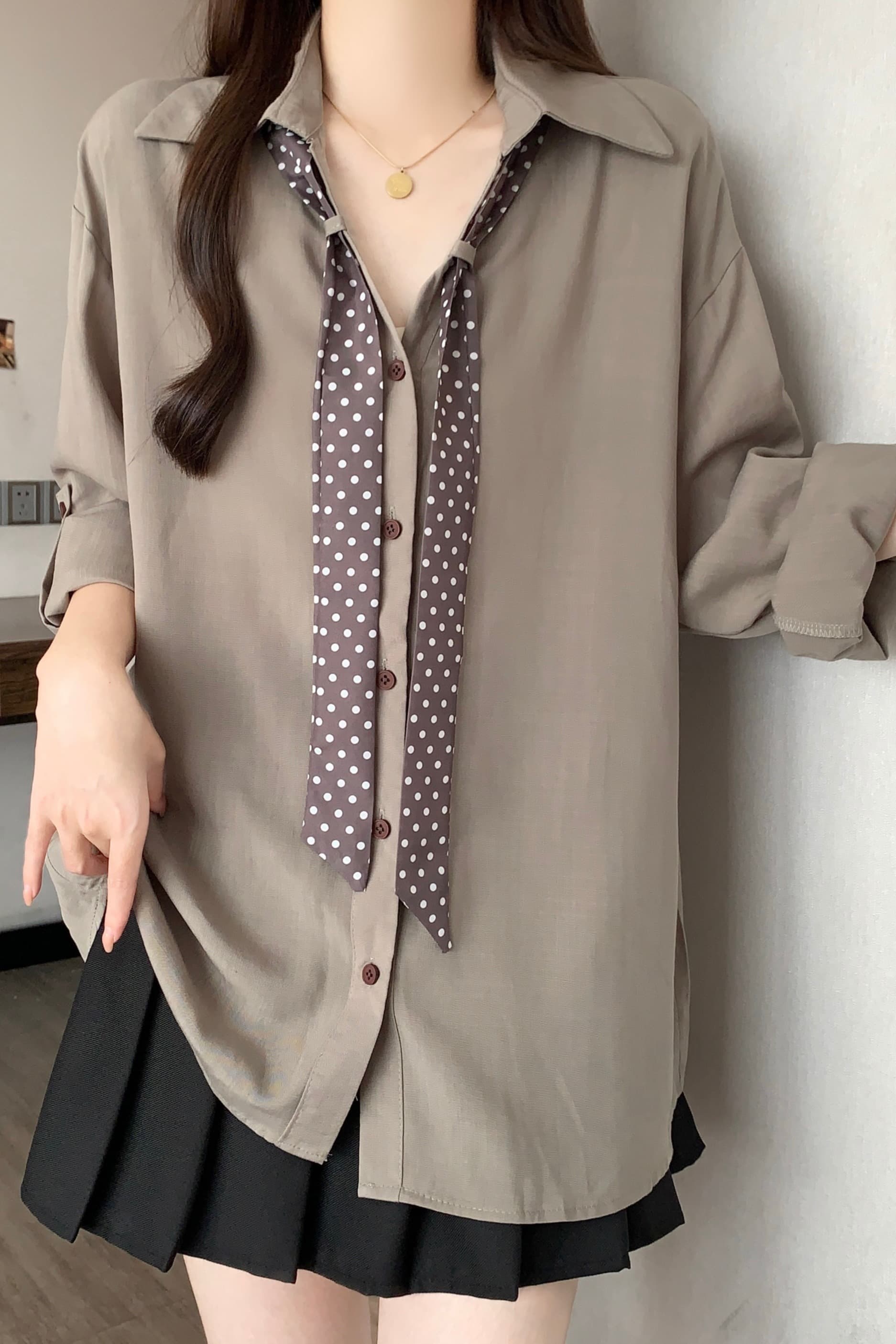 한국 스타일 디자인 센스 도트 무늬 스카프 긴팔 셔츠 여성 이른 가을 빅 사이즈 지방 mm 패션 품격 슬림해 보이는 루즈핏 맨위 이미지 7