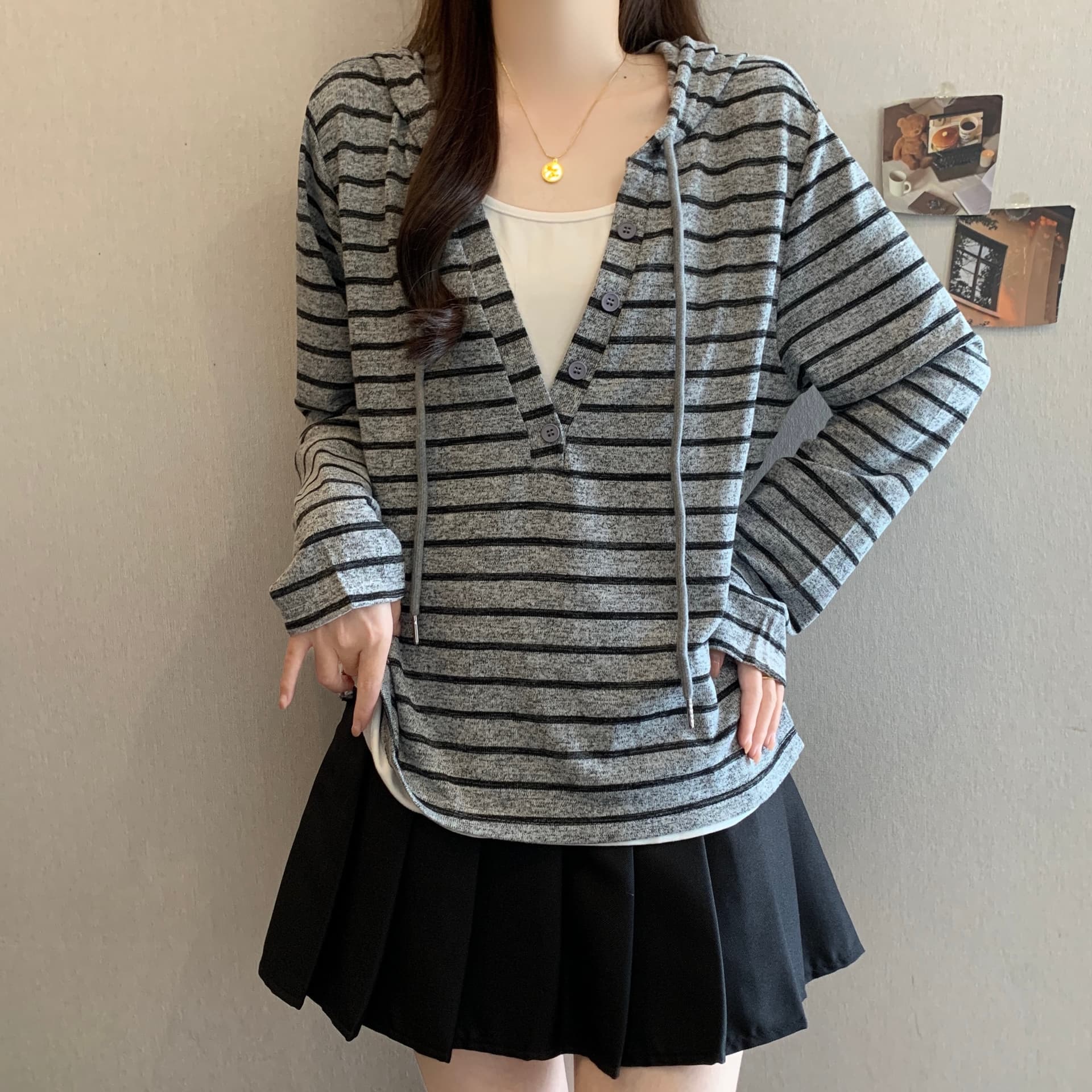 빅 사이즈 여성 의류 202 가을 슈퍼 화재 코디 전체 집합 하프 지퍼 스트라이프 후드 티 스웨터 기본 셔츠 투피스 세트 상세 이미지 3