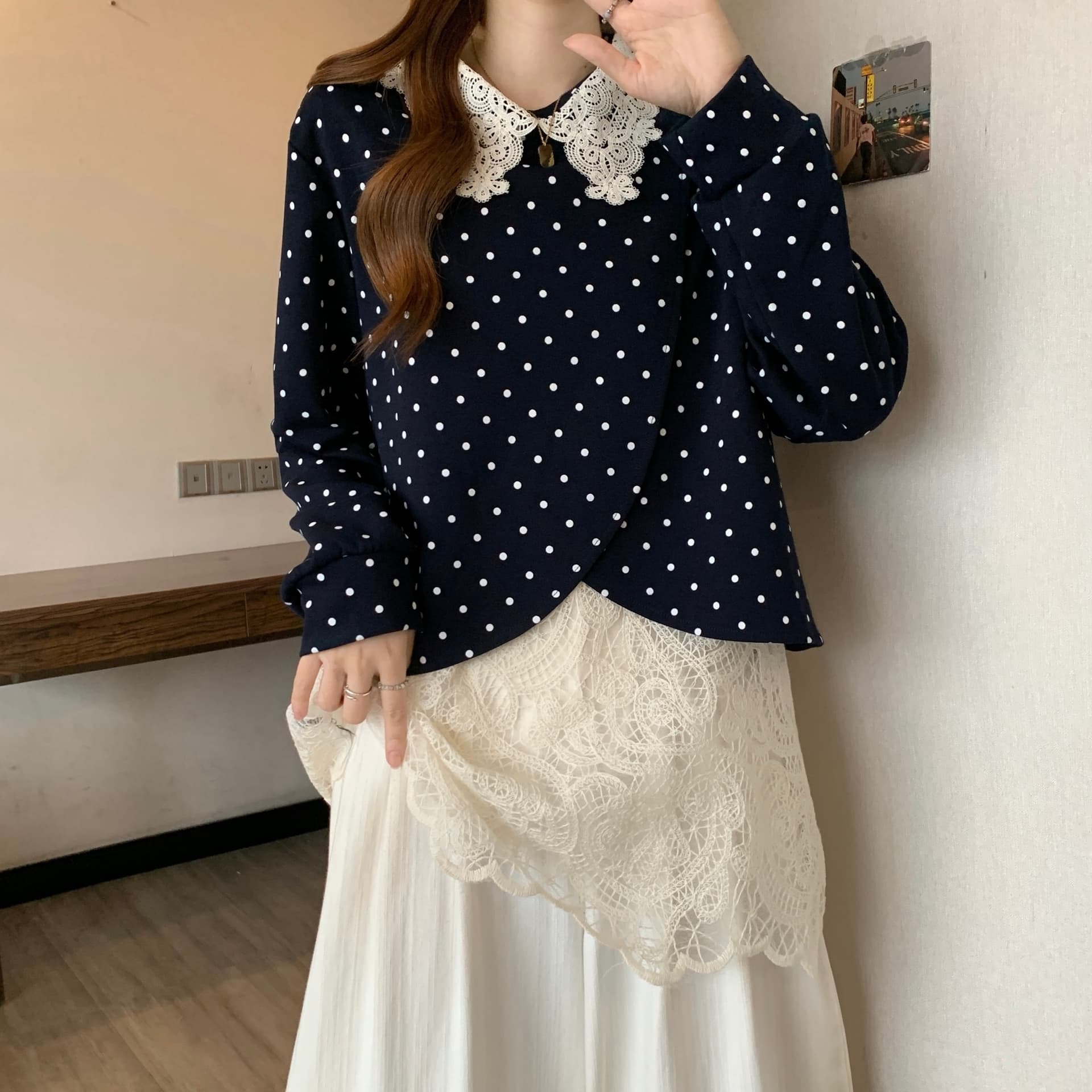 빅 사이즈 페이크 레이어드 베이비 칼라 레이스 조각 후드티 여성 가을 겨울 마이크로 지방 mm 루즈핏 슬림해 보이는 외국 가스 맨위 이미지 4