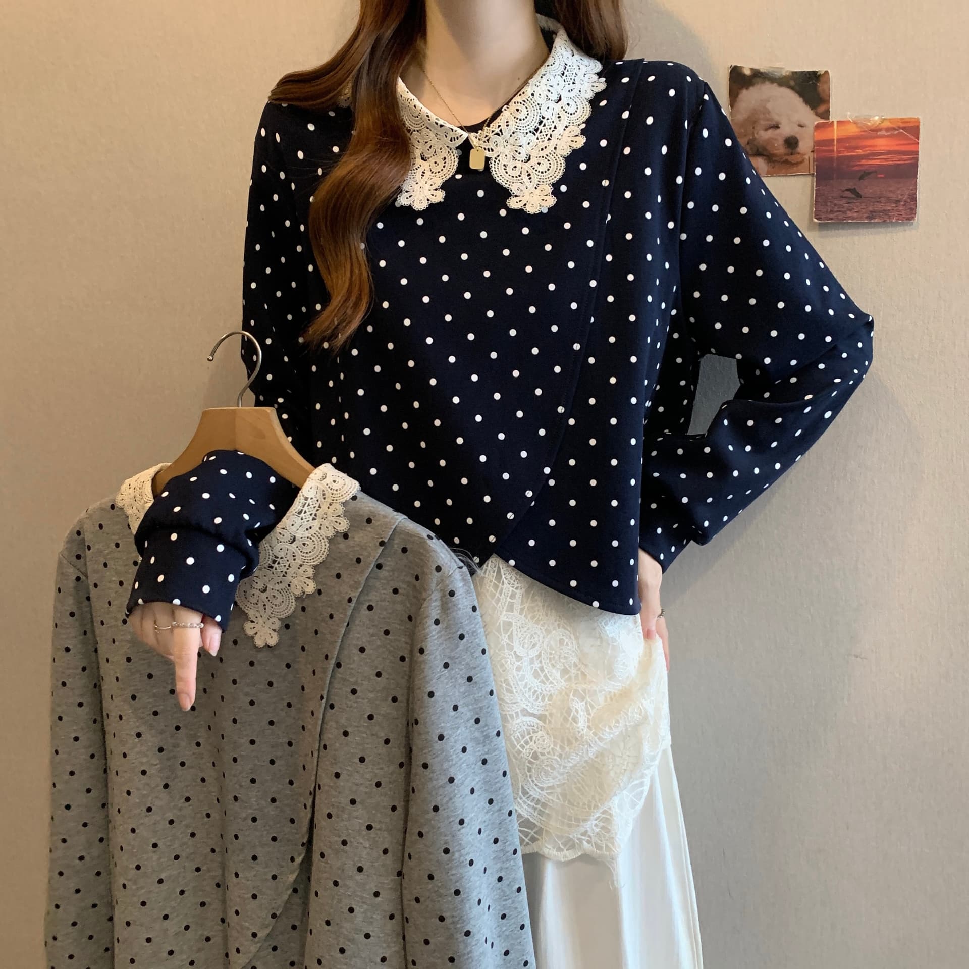 빅 사이즈 페이크 레이어드 베이비 칼라 레이스 조각 후드티 여성 가을 겨울 마이크로 지방 mm 루즈핏 슬림해 보이는 외국 가스 맨위 상세 이미지 13