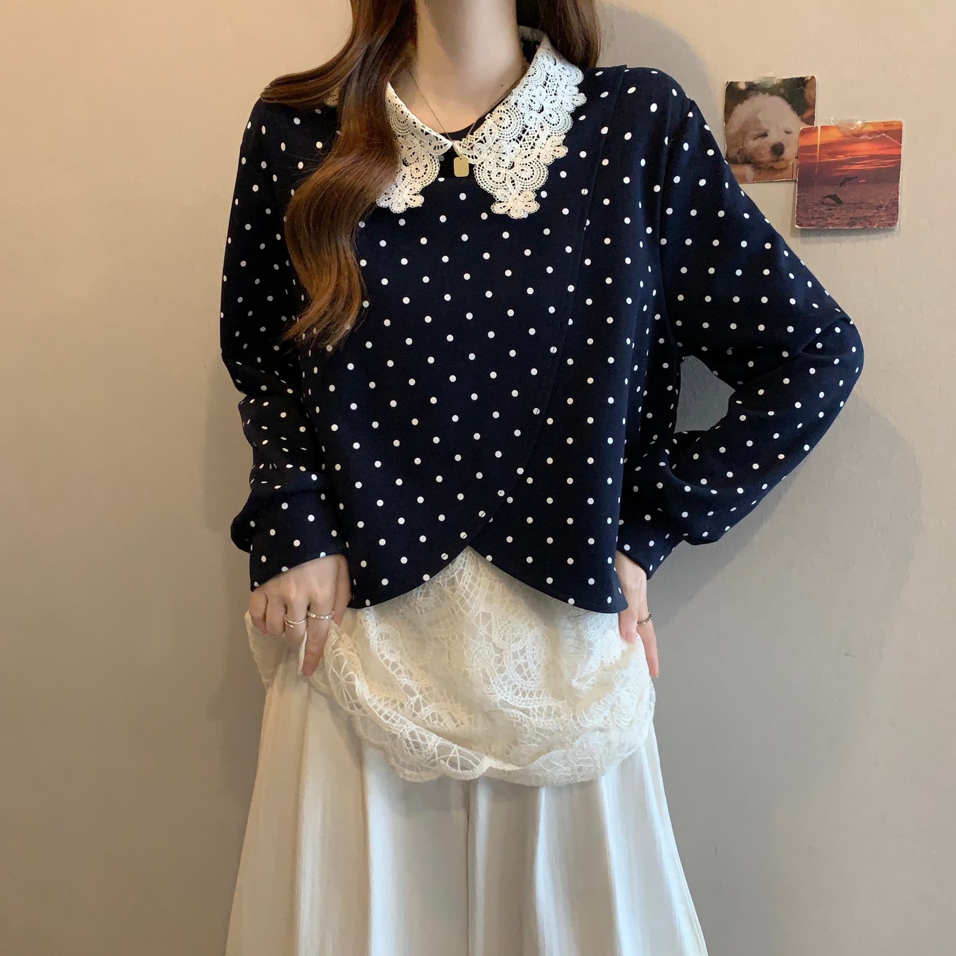 빅 사이즈 페이크 레이어드 베이비 칼라 레이스 조각 후드티 여성 가을 겨울 마이크로 지방 mm 루즈핏 슬림해 보이는 외국 가스 맨위 상세 이미지 15