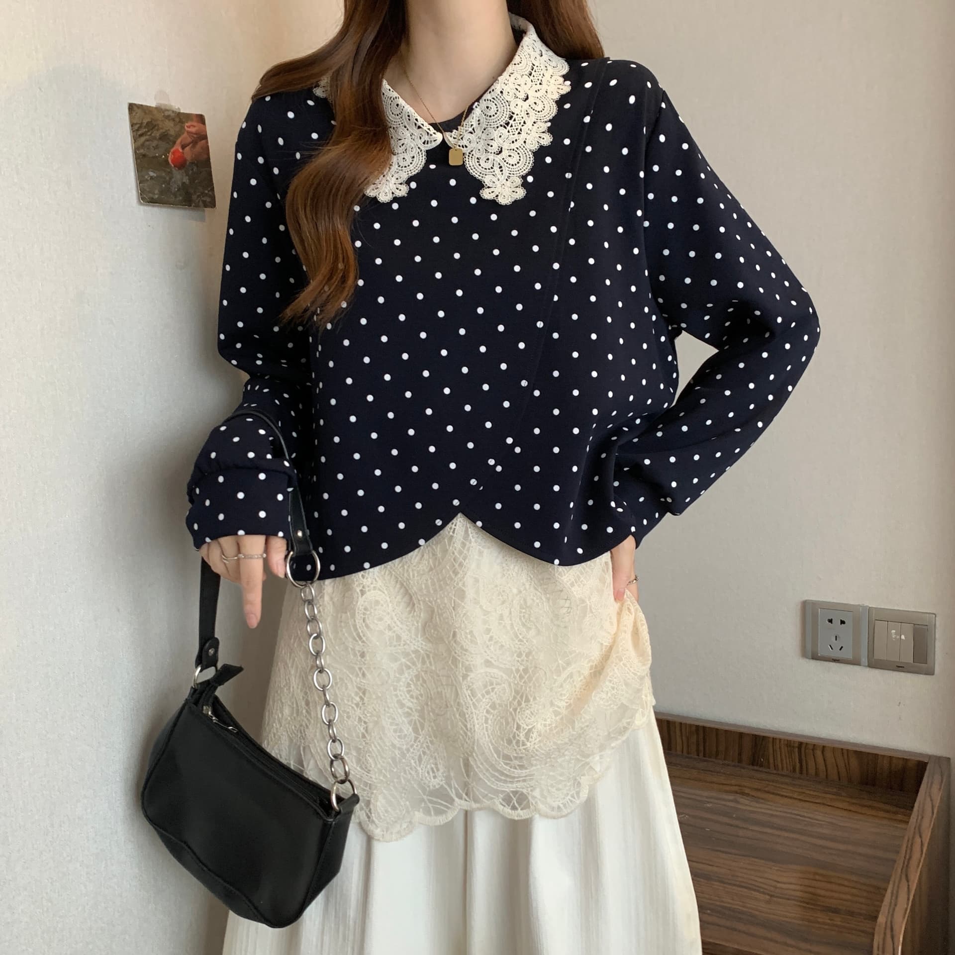 빅 사이즈 페이크 레이어드 베이비 칼라 레이스 조각 후드티 여성 가을 겨울 마이크로 지방 mm 루즈핏 슬림해 보이는 외국 가스 맨위 상세 이미지 21