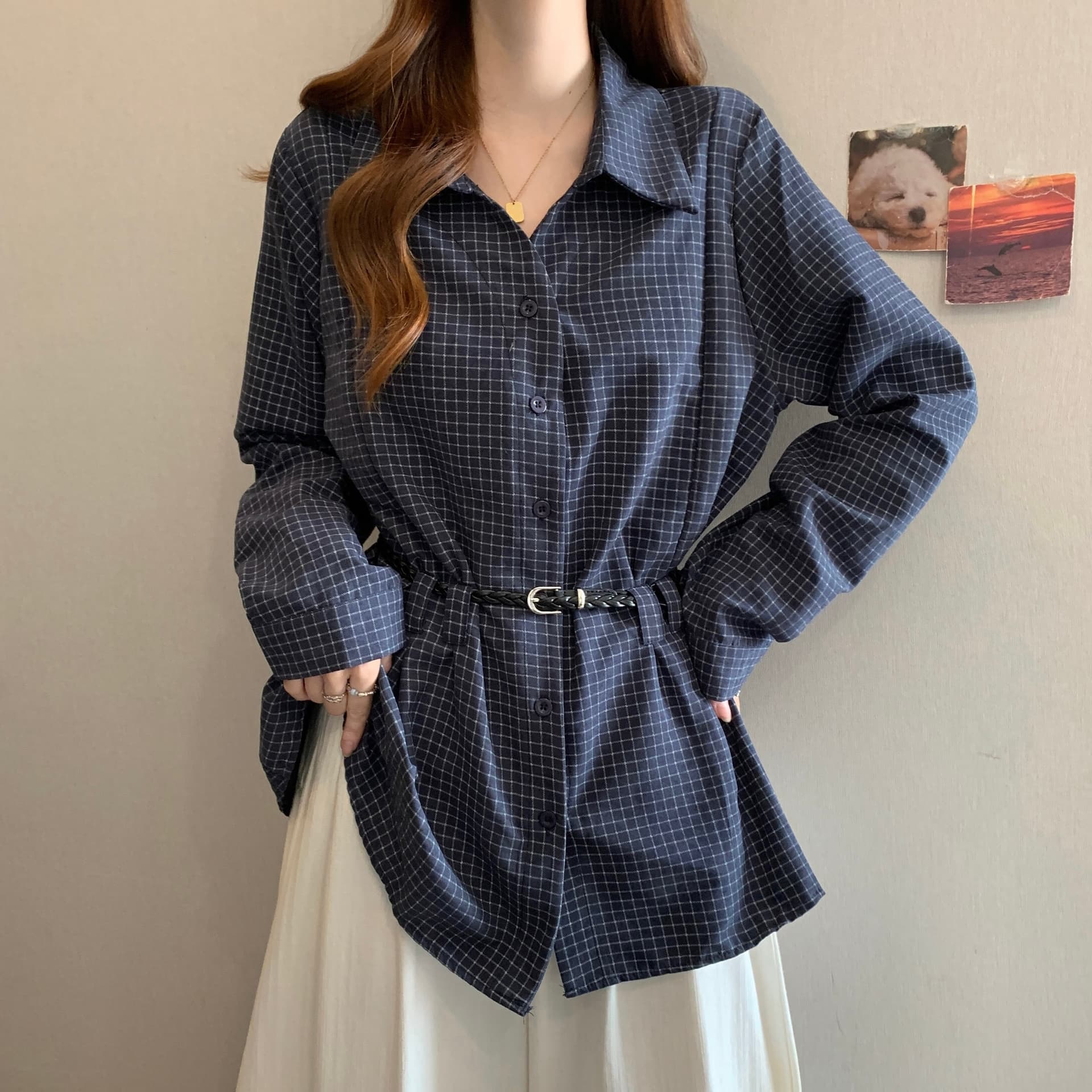 빅 사이즈 체크무늬 긴팔 셔츠 여성 의류 봄 지방 mm 표지 고기 슬림해 보이는 뒤집다 파일럿 포트 바람 셔츠 루즈핏 슬림해 보이는 맨위 상세 이미지 14