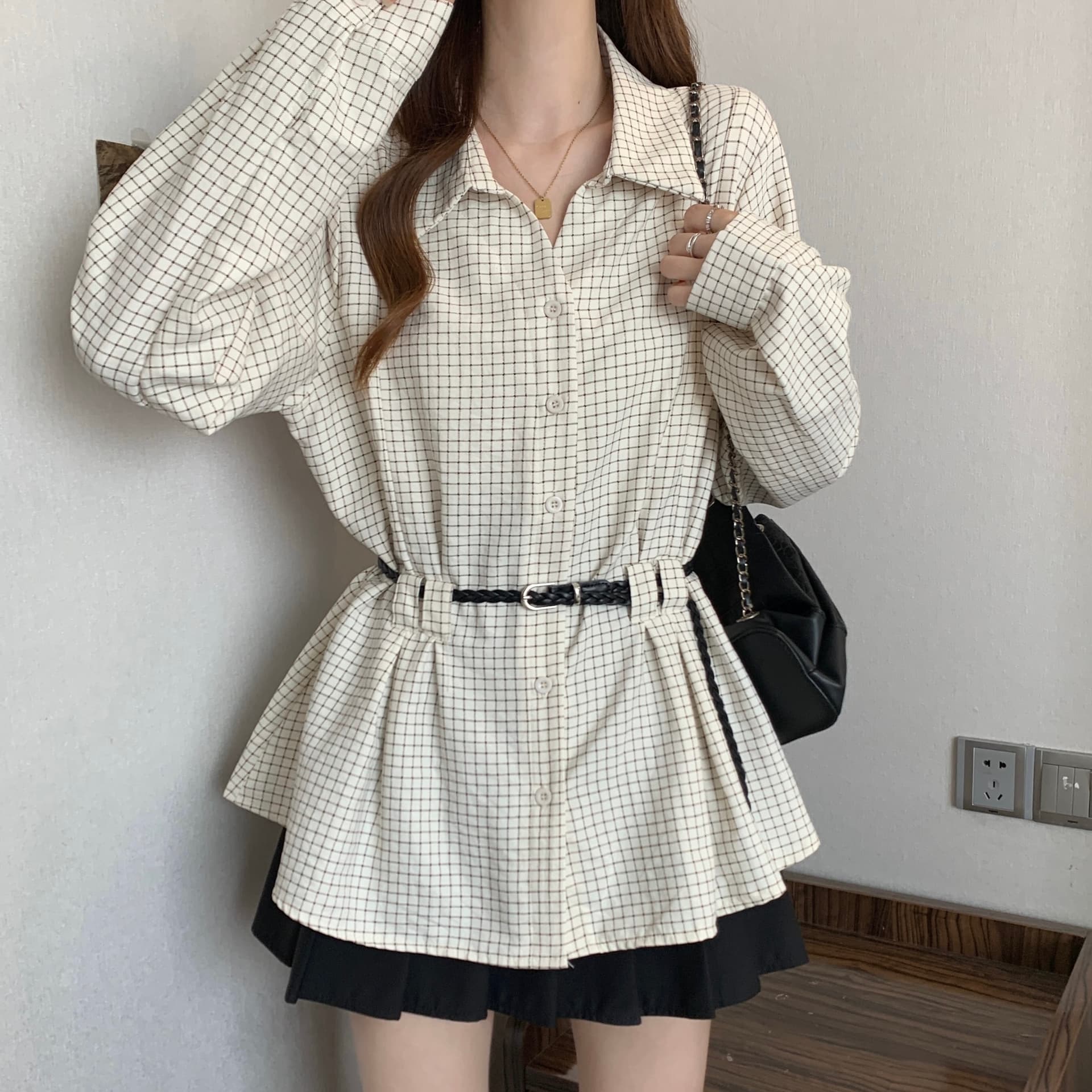 빅 사이즈 체크무늬 긴팔 셔츠 여성 의류 봄 지방 mm 표지 고기 슬림해 보이는 뒤집다 파일럿 포트 바람 셔츠 루즈핏 슬림해 보이는 맨위 상세 이미지 29