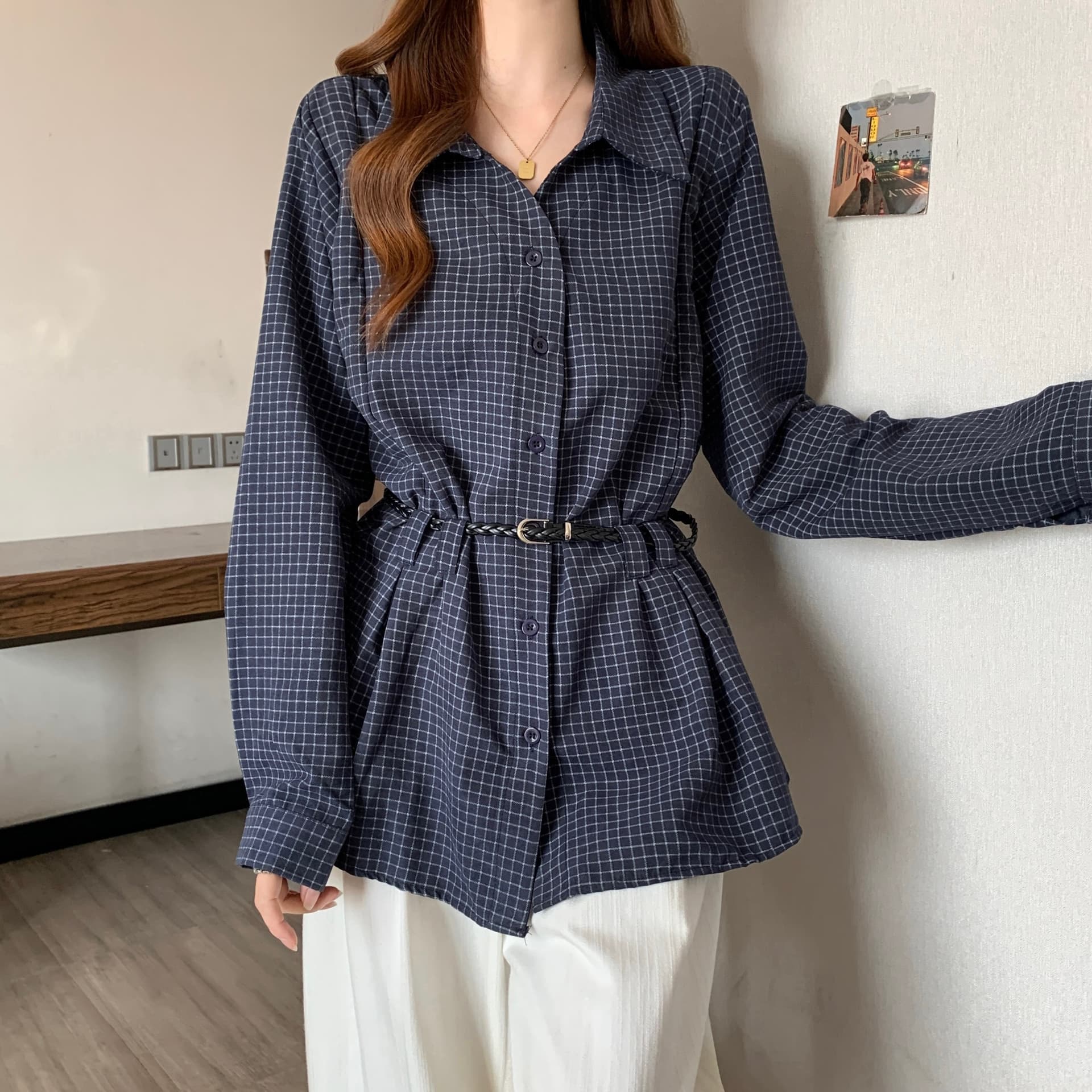 빅 사이즈 체크무늬 긴팔 셔츠 여성 의류 봄 지방 mm 표지 고기 슬림해 보이는 뒤집다 파일럿 포트 바람 셔츠 루즈핏 슬림해 보이는 맨위 상세 이미지 39