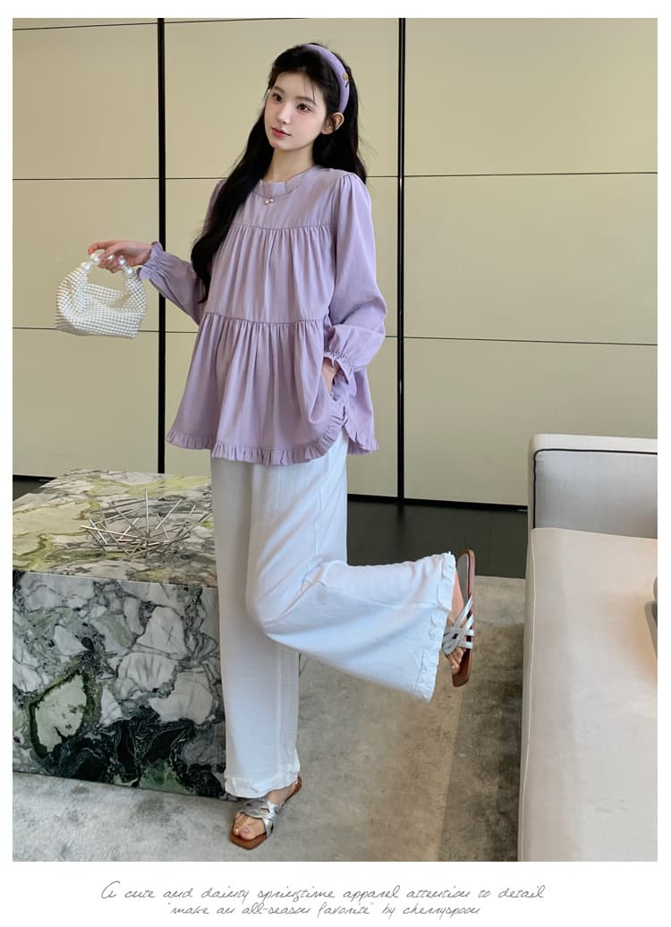 실사 새로운 가을 임산부 루즈핏 라운드 넥 프릴 긴팔 셔츠 펌프 로프 레이스 임산부 바지 상세 이미지 23