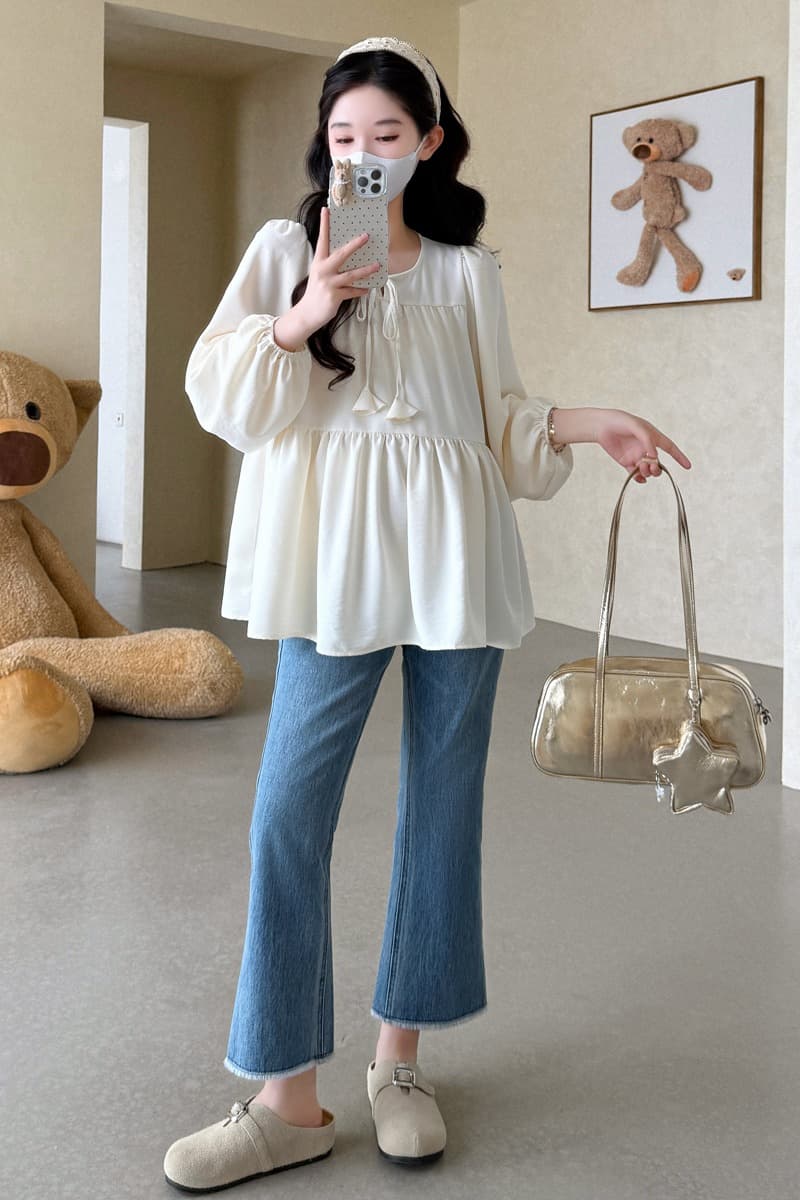 실사 새로운 가을 임산부 루즈핏 V넥 나비 매듭 레이스 긴팔 인형 셔츠 셔츠 이미지 7