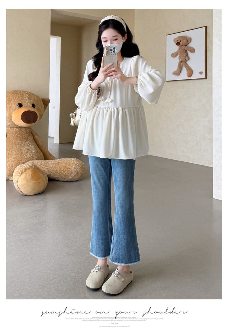 실사 새로운 가을 임산부 루즈핏 V넥 나비 매듭 레이스 긴팔 인형 셔츠 셔츠 상세 이미지 9