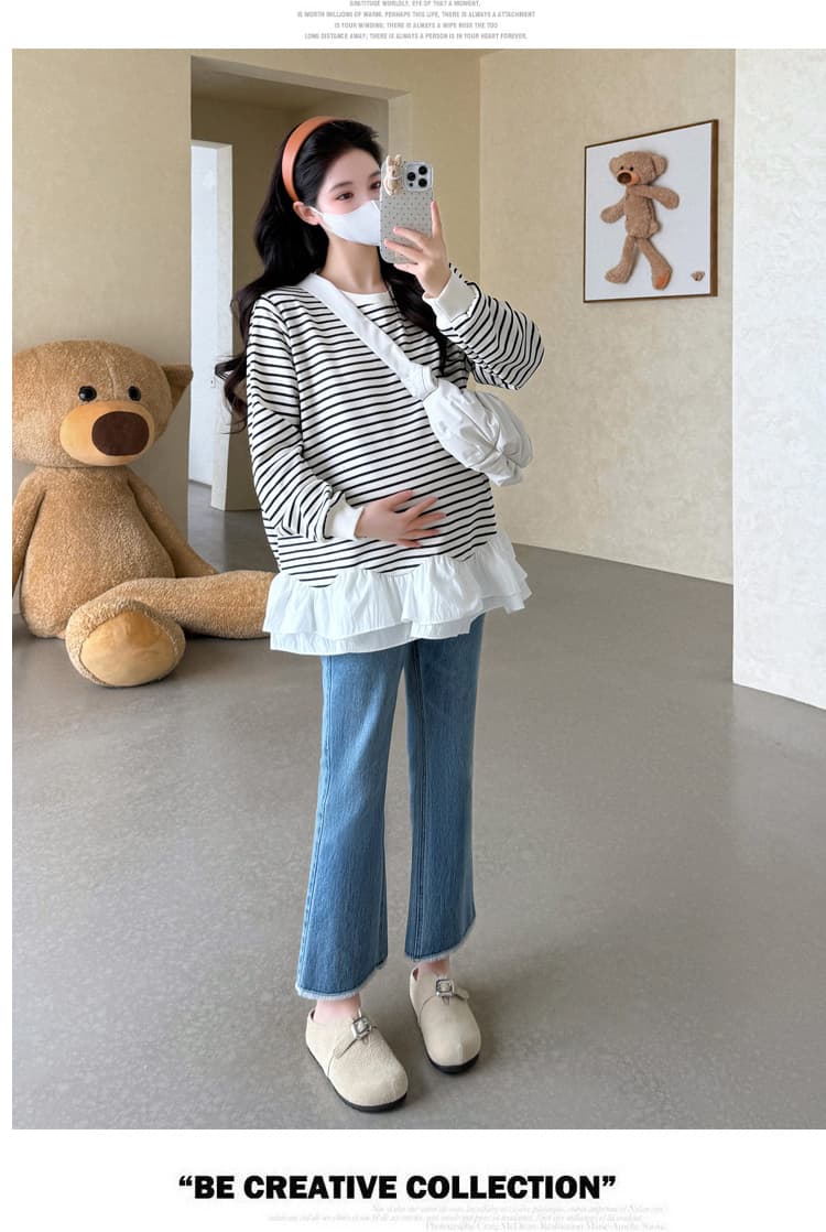 실사 새로운 가을 임산부 캐주얼 루즈핏 스트라이프 라운드 넥 패치워크 달콤함 연령 감소 긴팔 후드티 상세 이미지 19