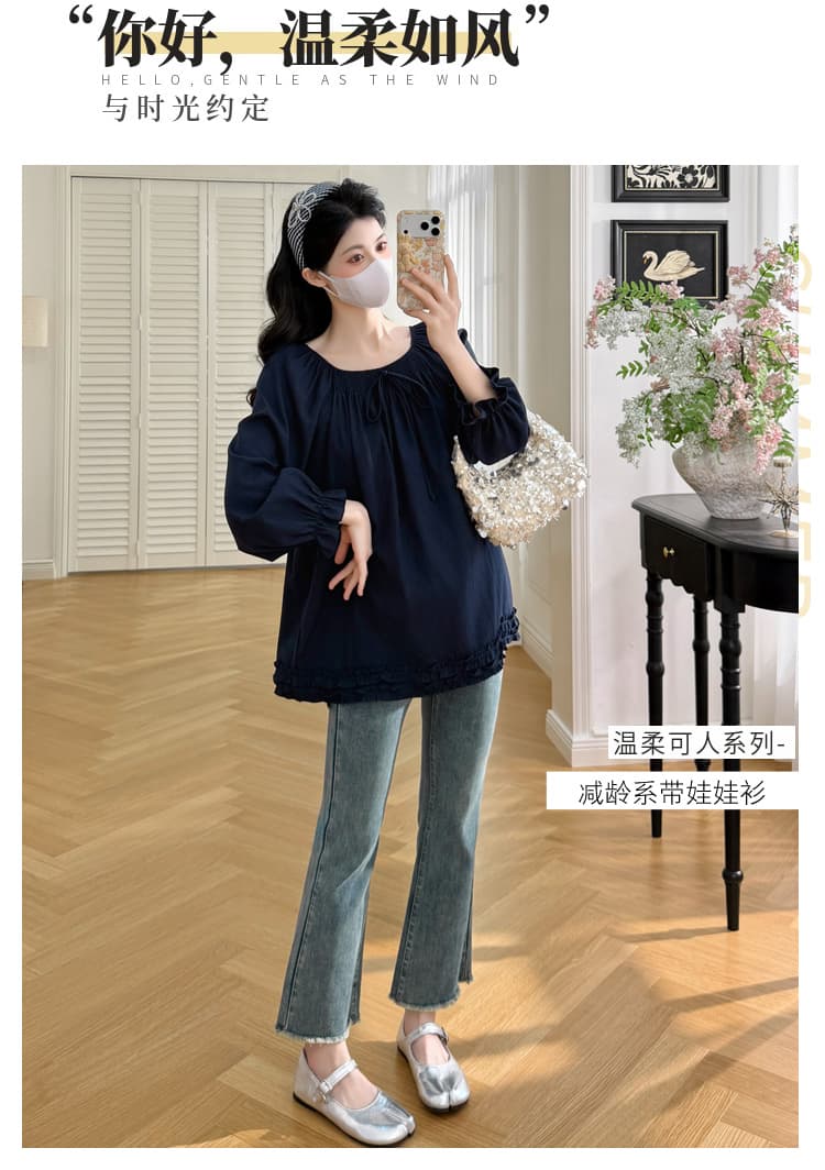 실사 2026 가을 새로운 임산부 레트로 커피 색상 주름 레이스업 레이스 인형 셔츠 맨위 상세 이미지 1