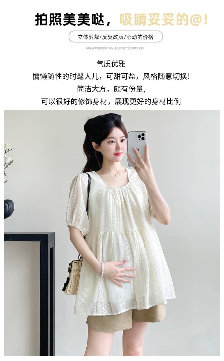 실사 2026 새로운 여름 임산부 자수 광장 칼라 루즈핏 인형 셔츠 맨위 세트 상세 이미지 2