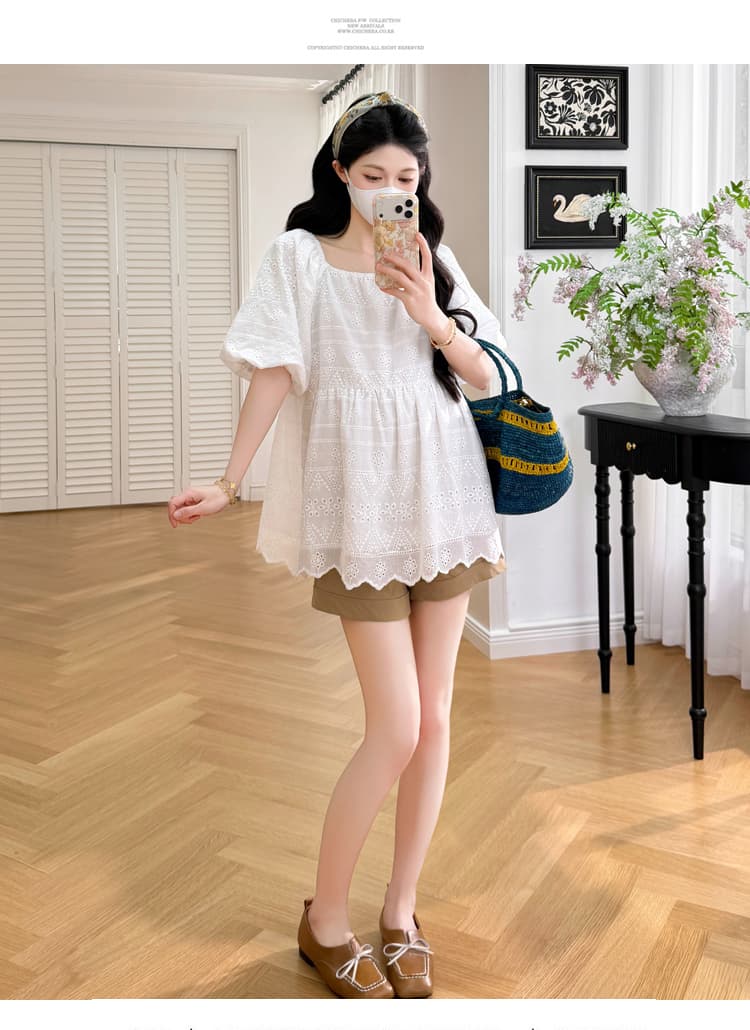 실사 2026 새로운 임산부 자수 레이스 프랑스식 광장 칼라 거품 소매 인형 셔츠 맨위 상세 이미지 17