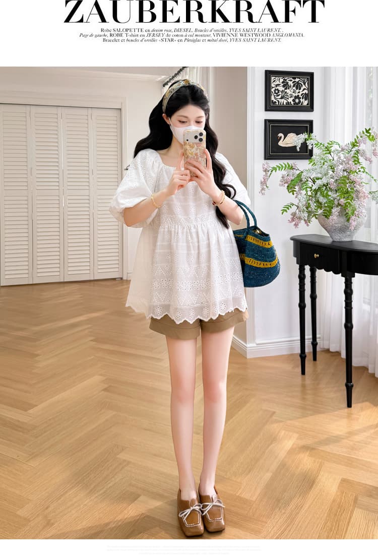 실사 2026 새로운 임산부 자수 레이스 프랑스식 광장 칼라 거품 소매 인형 셔츠 맨위 상세 이미지 18