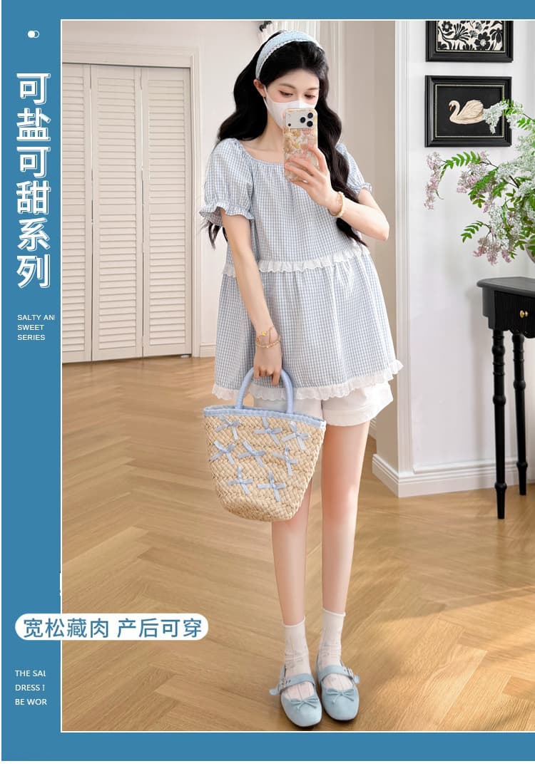 실사 2026 새로운 임산부 여름 레트로 스트라이프 체크무늬 레이스 패치워크 레이스업 인형 셔츠 맨위 상세 이미지 1