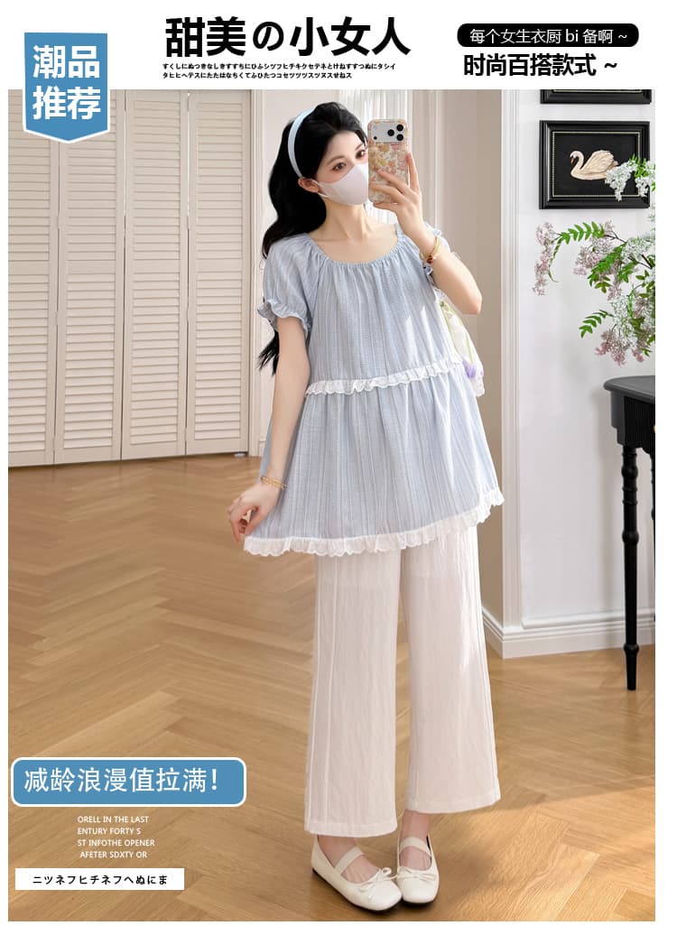 실사 2026 새로운 임산부 여름 레트로 스트라이프 체크무늬 레이스 패치워크 레이스업 인형 셔츠 맨위 상세 이미지 2