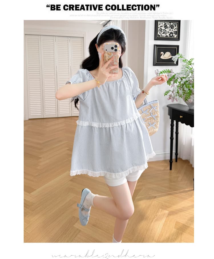 실사 2026 새로운 임산부 여름 레트로 스트라이프 체크무늬 레이스 패치워크 레이스업 인형 셔츠 맨위 상세 이미지 22