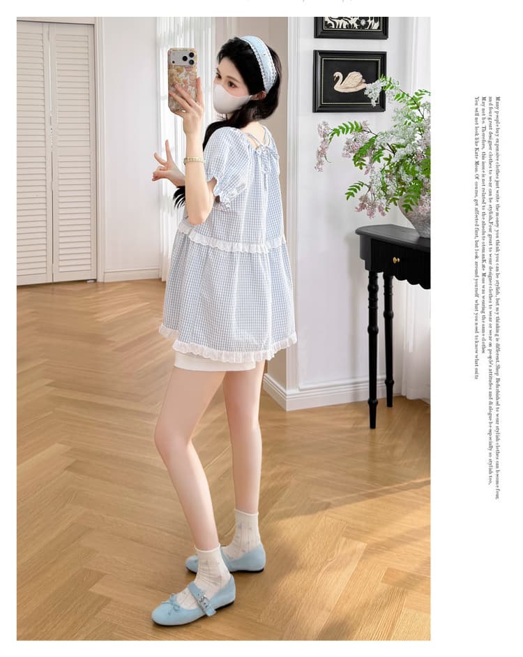 실사 2026 새로운 임산부 여름 레트로 스트라이프 체크무늬 레이스 패치워크 레이스업 인형 셔츠 맨위 상세 이미지 28