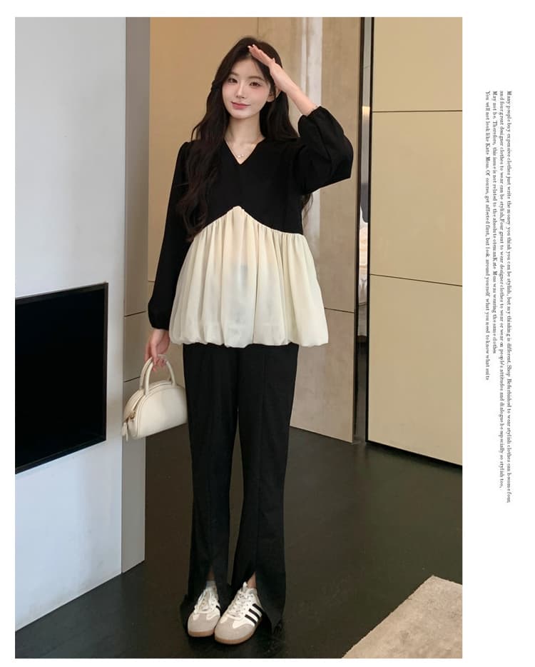 실사 새로운 가을 임산부 품격 패션 V넥 흑인과 백인 패치워크 긴팔 인형 셔츠 맨위 상세 이미지 10