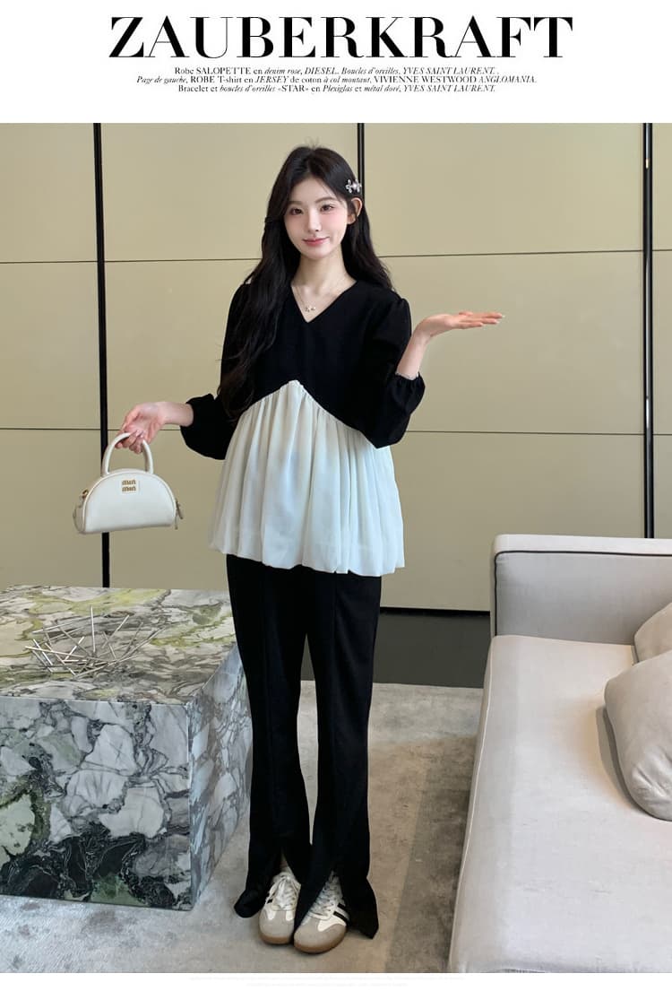 실사 새로운 가을 임산부 품격 패션 V넥 흑인과 백인 패치워크 긴팔 인형 셔츠 맨위 상세 이미지 13