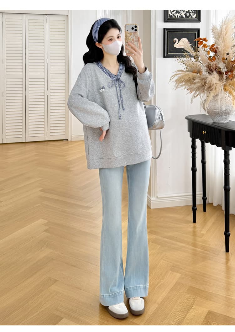 실사 새로운 가을 겨울 임산부 품격 V넥 레이스업 나비 매듭 패치워크 후드티 상세 이미지 15