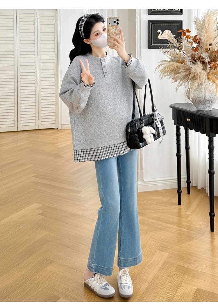 실사 새로운 가을 겨울 임산부 라운드 넥 체크무늬 패치워크 캐주얼 후드티 상세 이미지 15
