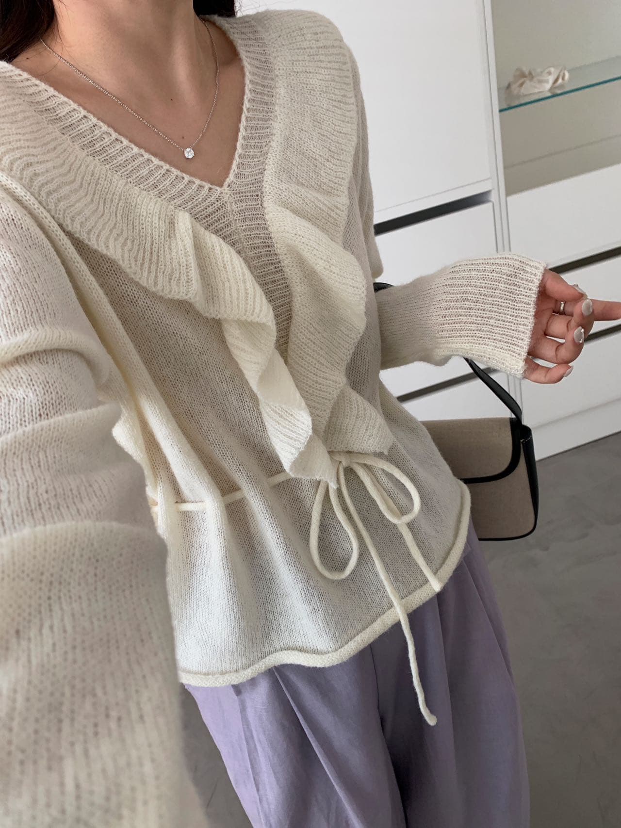 3 차원 레이스 높음 비율 모헤어 스웨터 여자 이른 가을 신선함 바람 얇고 가벼운 품격 프릴 양모 니트 스웨터 이미지 3
